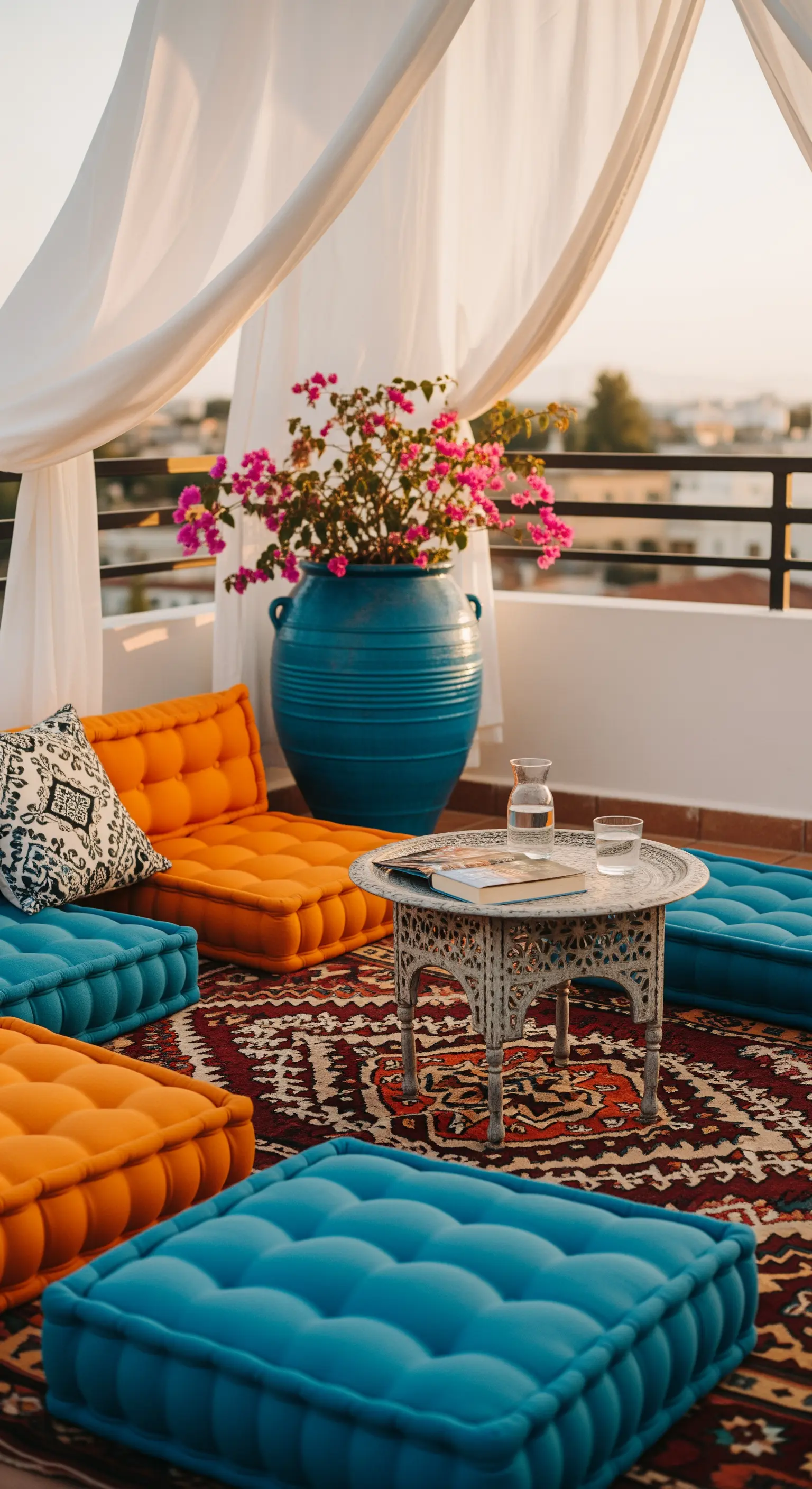 Terrazza con cuscini da pavimento arancioni e turchesi disposti su un tappeto persiano.