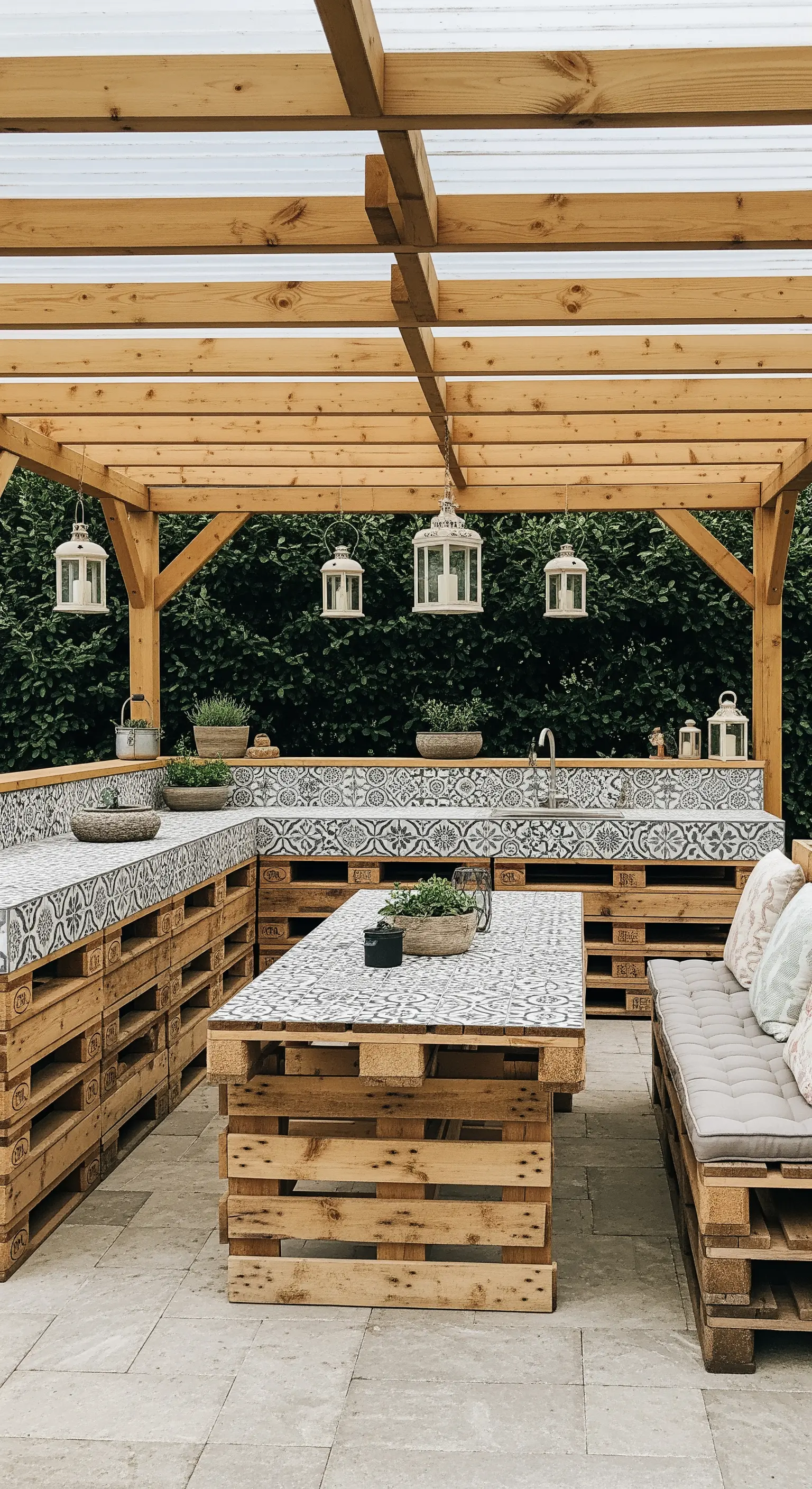 Grande patio arredato con cucina, panche e tavolo in pallet, tutto rivestito con le stesse piastrelle.