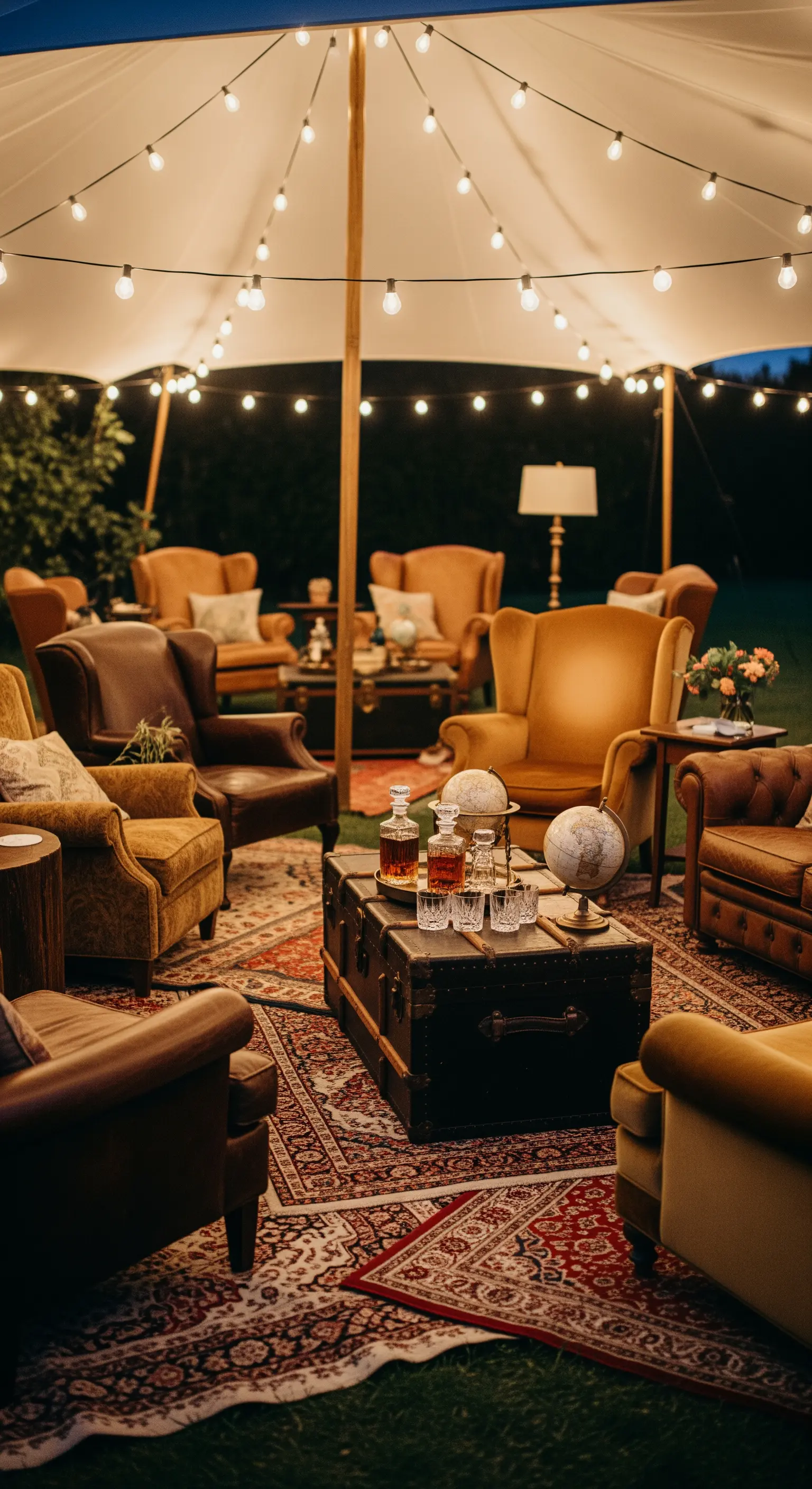 Area lounge all'aperto con poltrone vintage, tappeti persiani e un baule come tavolino.