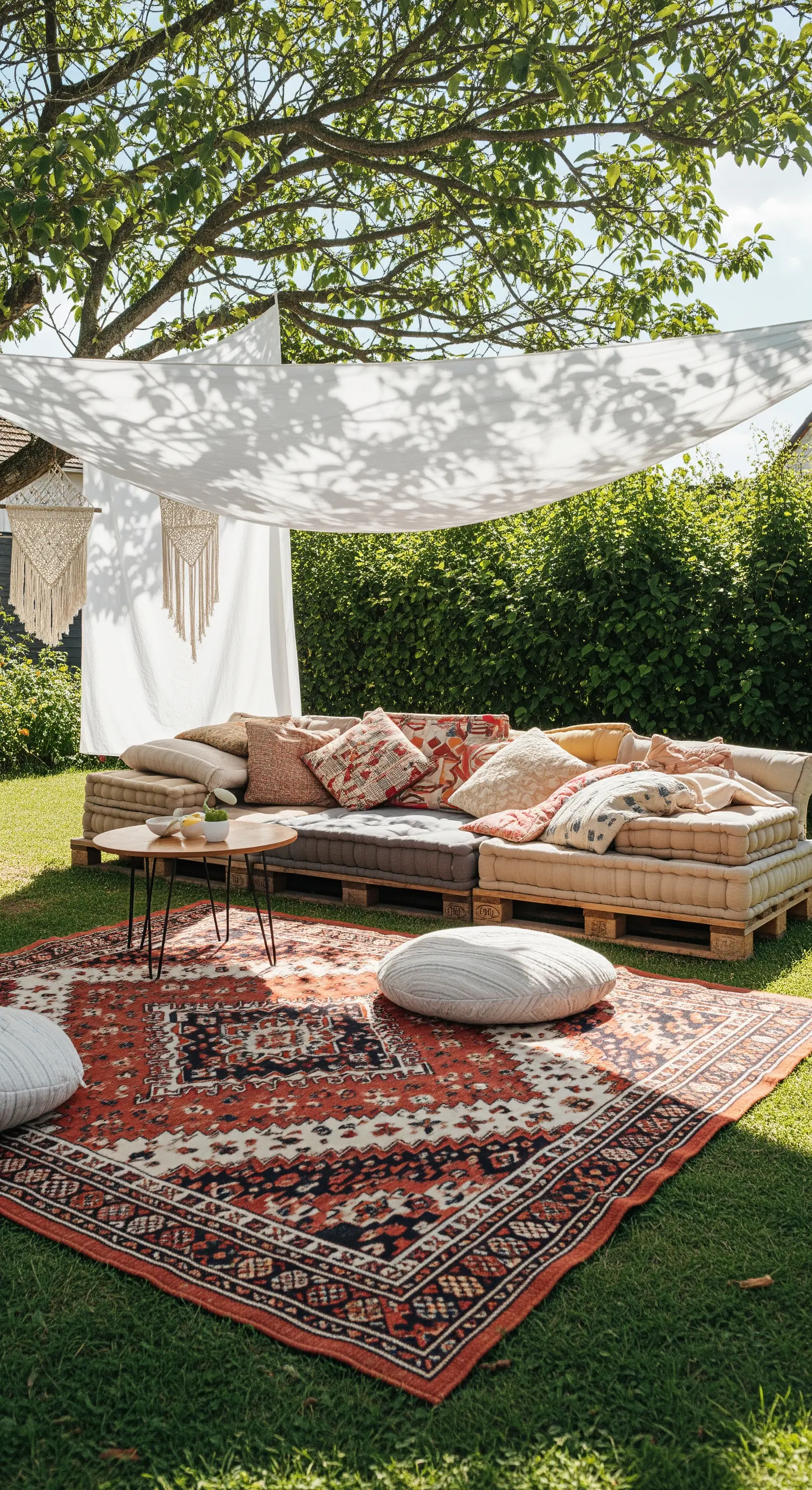 Salotto da giardino realizzato con pallet, cuscini colorati e un grande tappeto persiano.