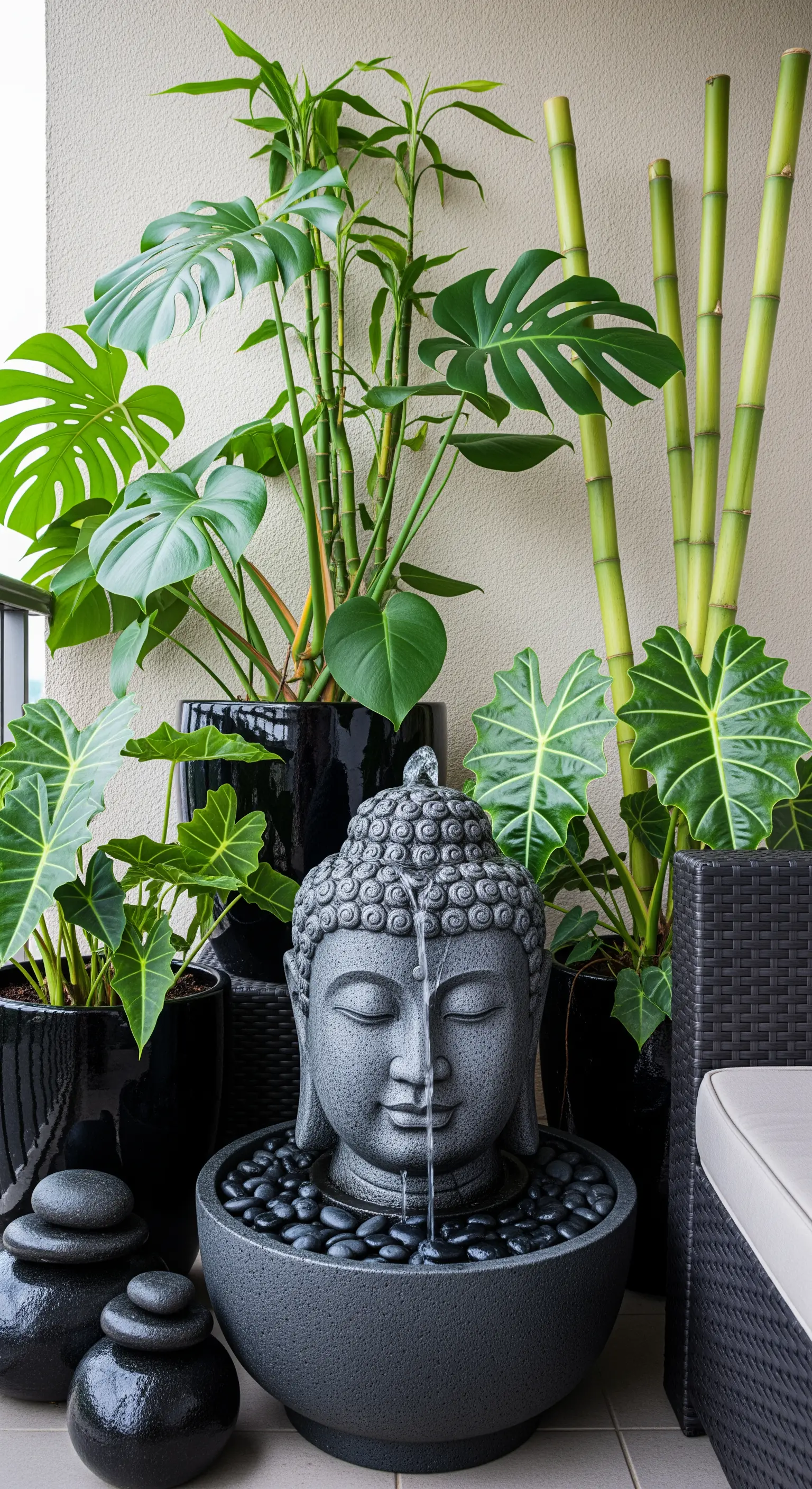 Balcone tropicale con piante di Monstera, bambù e una fontana a testa di Buddha.