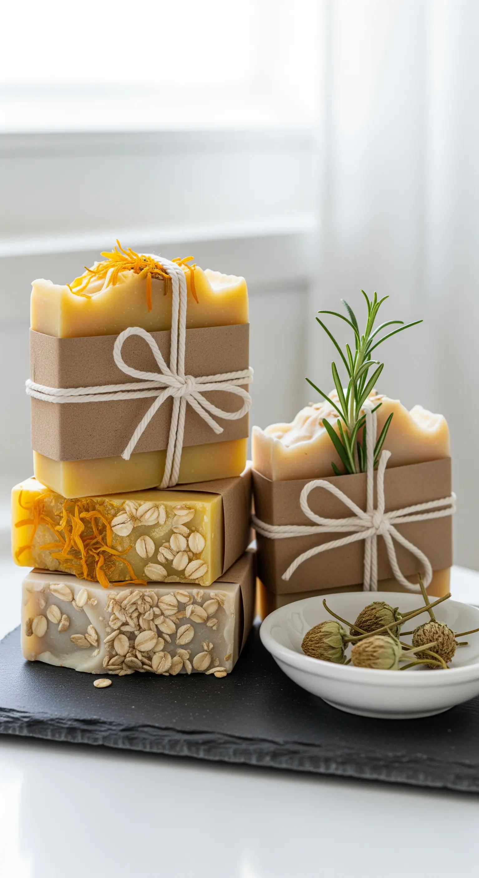 Saponette naturali decorate con avena e calendula, avvolte in carta kraft e spago di cotone.