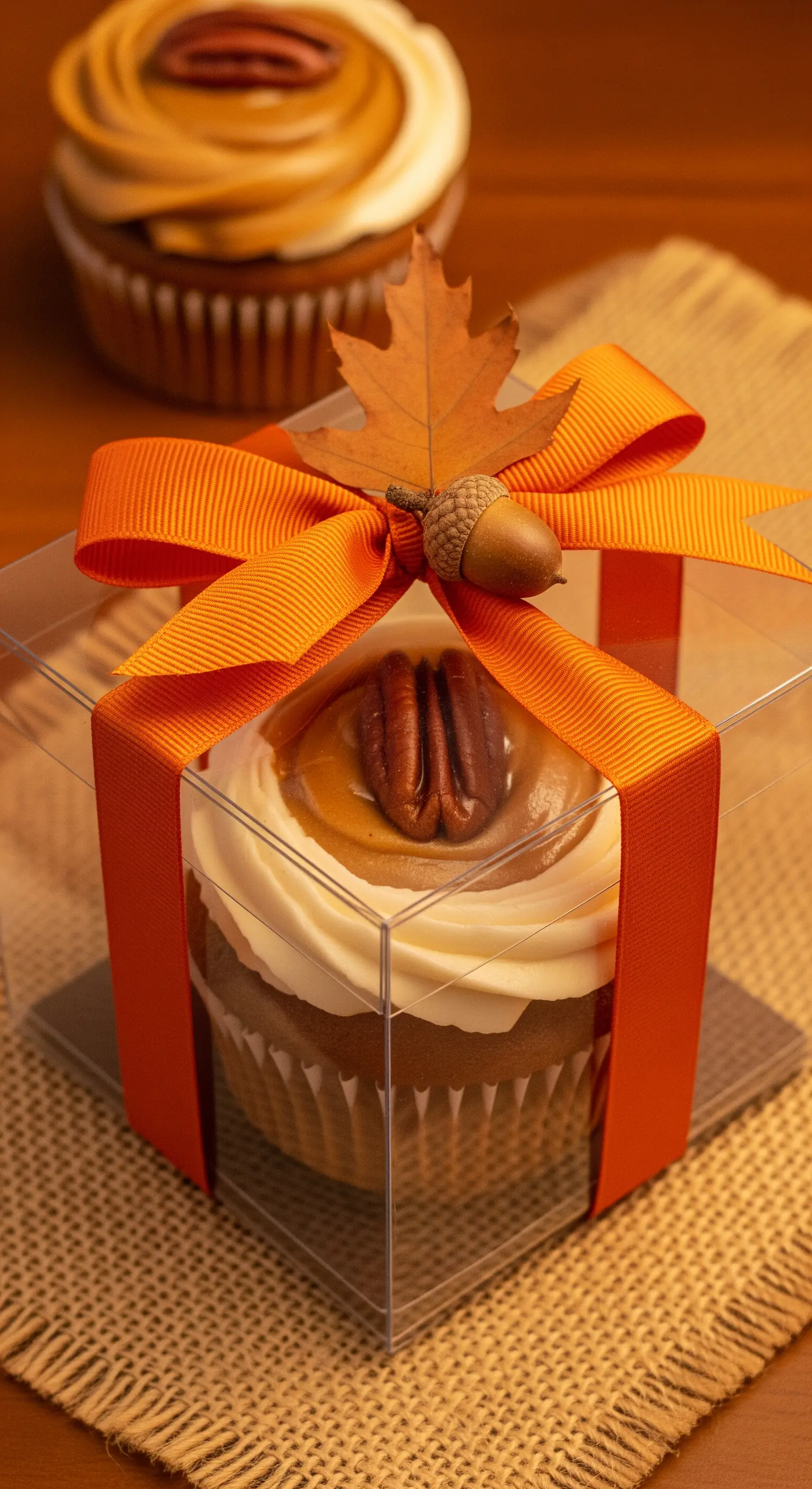 Cupcake autunnale con noce pecan, fiocco arancione e decorazione a forma di foglia.