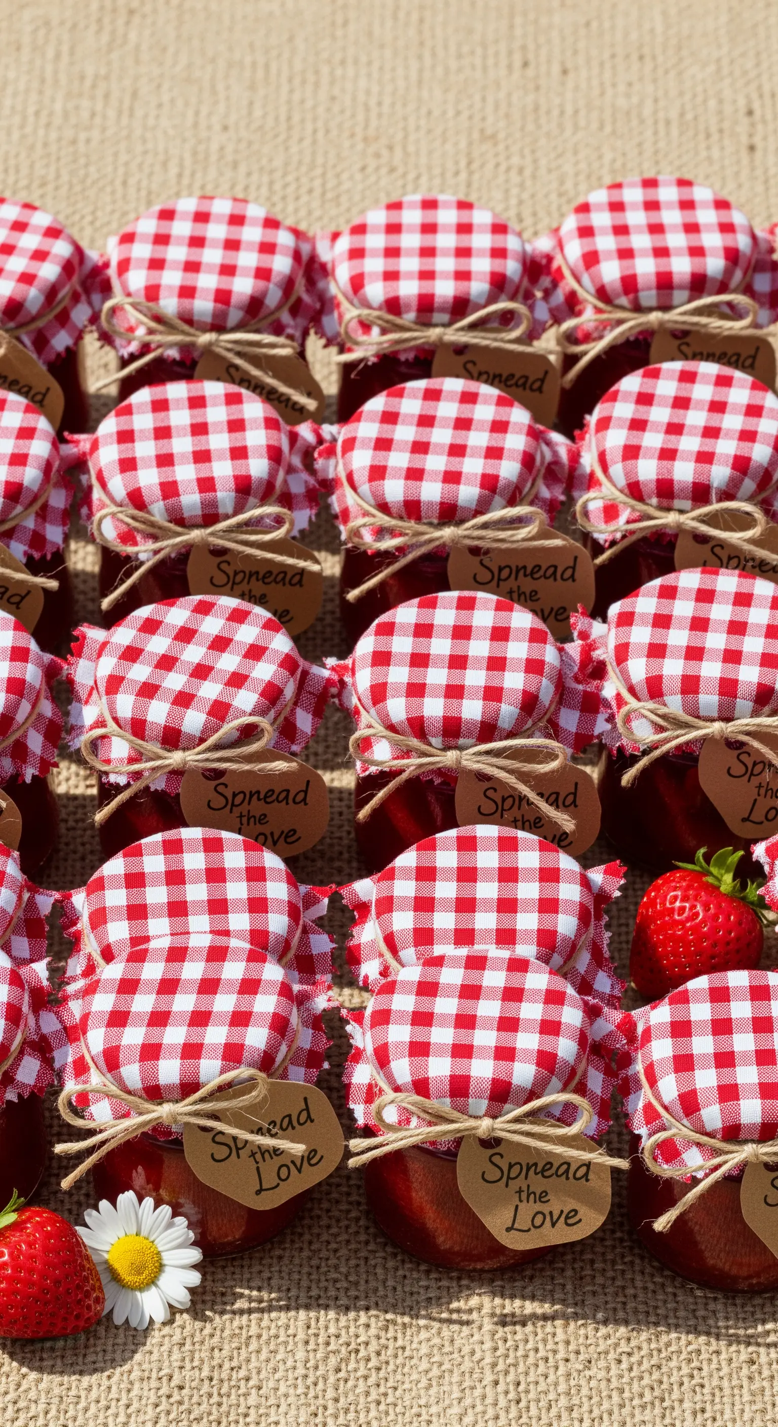 Vasetti di marmellata con coperchi in tessuto a quadretti rossi e bianchi, stile country.