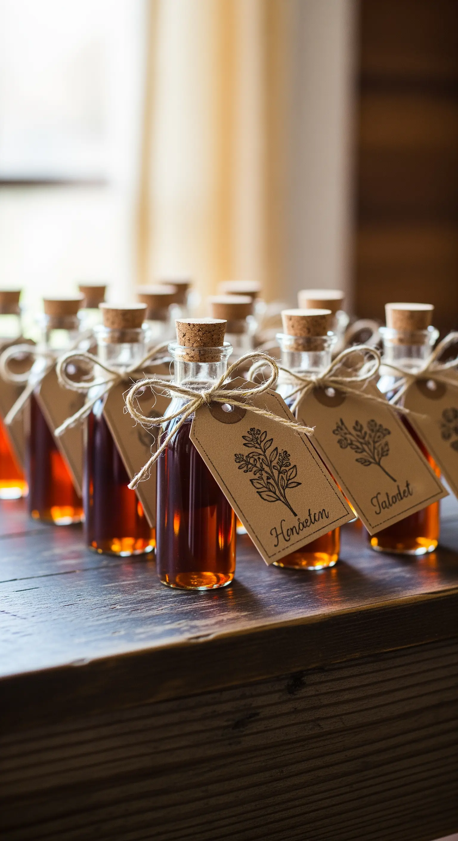 Mini bottiglie di liquore ambrato con tappo in sughero, spago di iuta e cartoncino kraft.