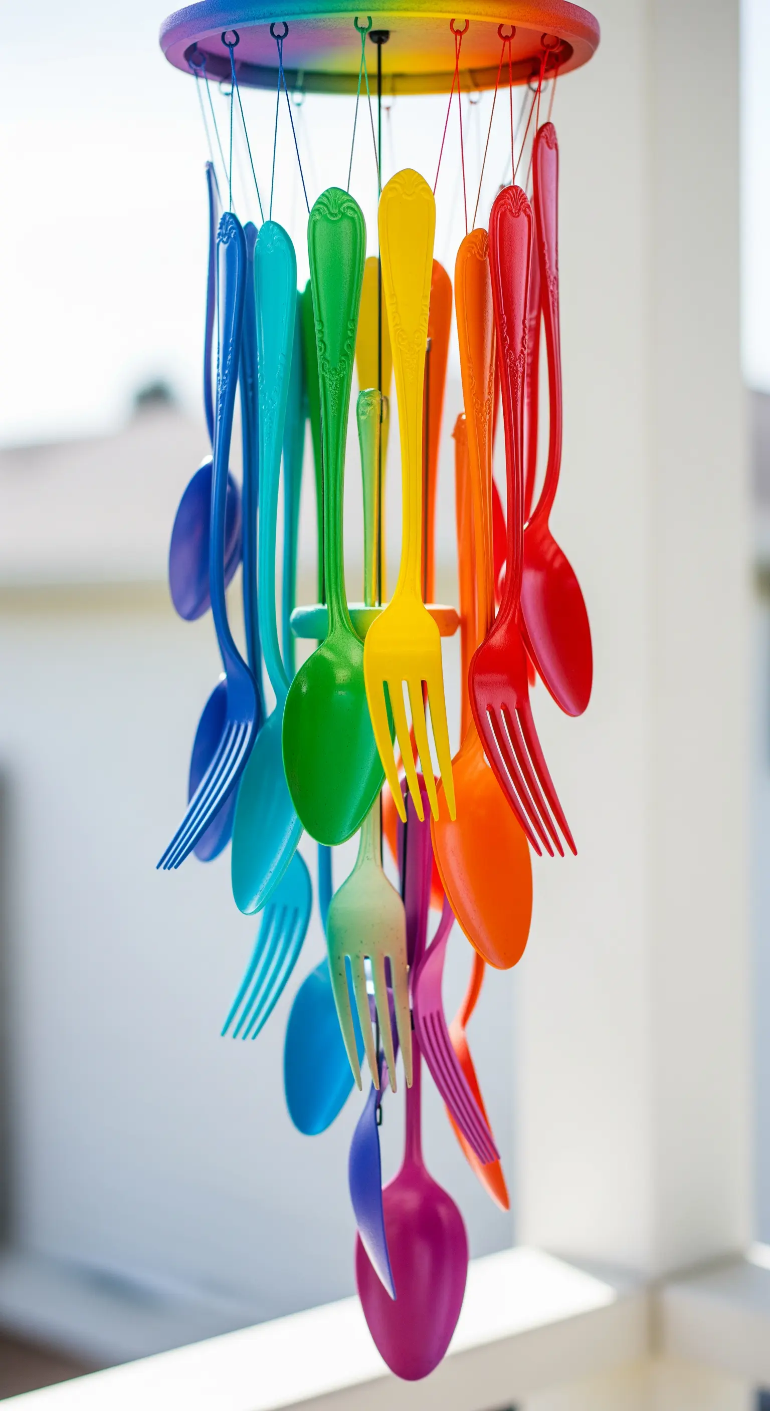 Posate di plastica colorate con vernice spray e assemblate come uno scacciapensieri.