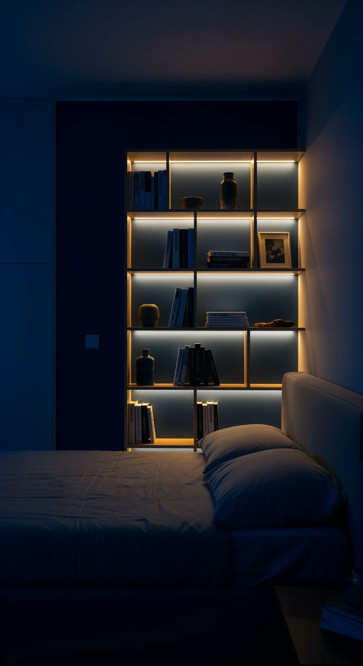 Libreria a muro con ripiani retroilluminati a LED in una camera da letto buia.