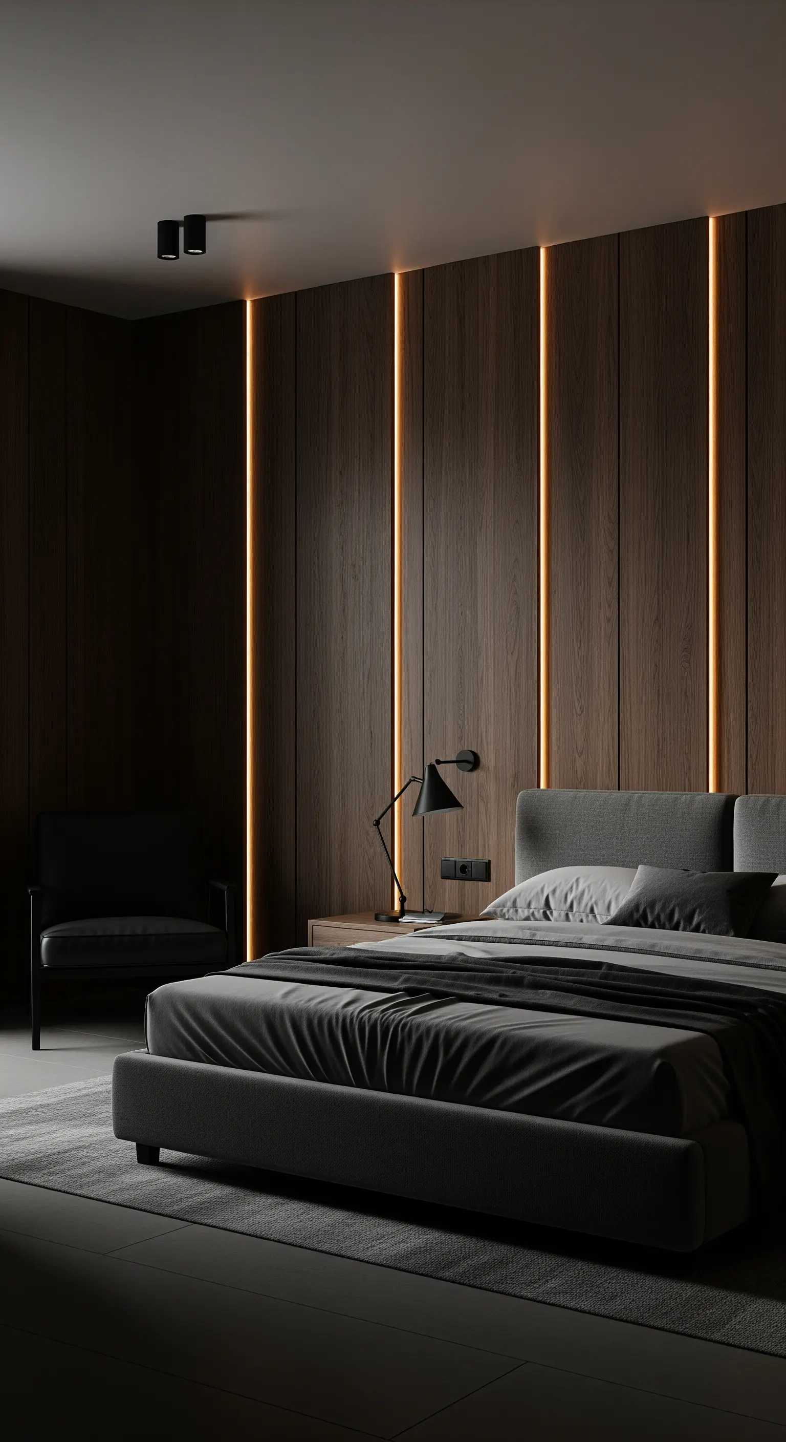 Parete in legno scuro con strisce LED verticali integrate che creano un'atmosfera intima.