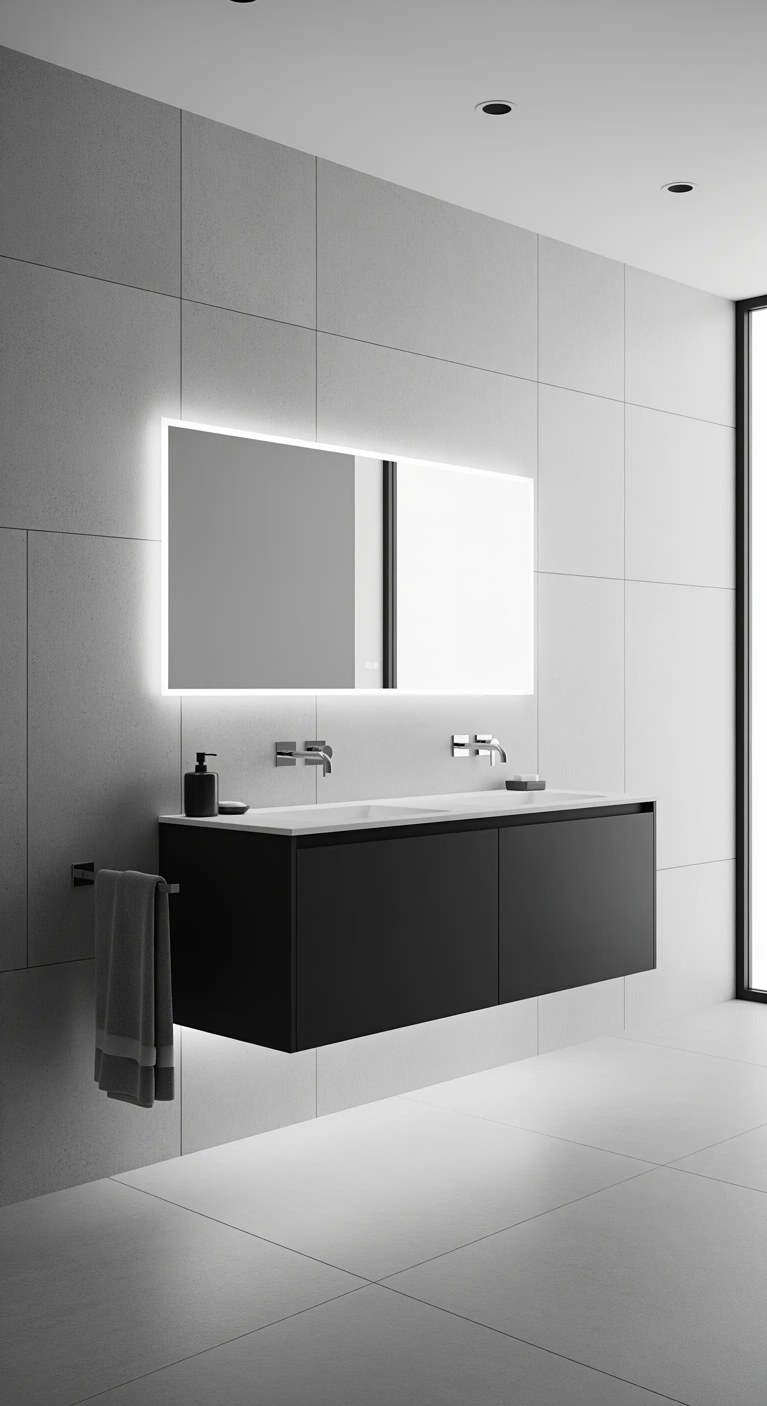 Lungo mobile sospeso nero in un bagno minimalista con illuminazione a LED integrata.