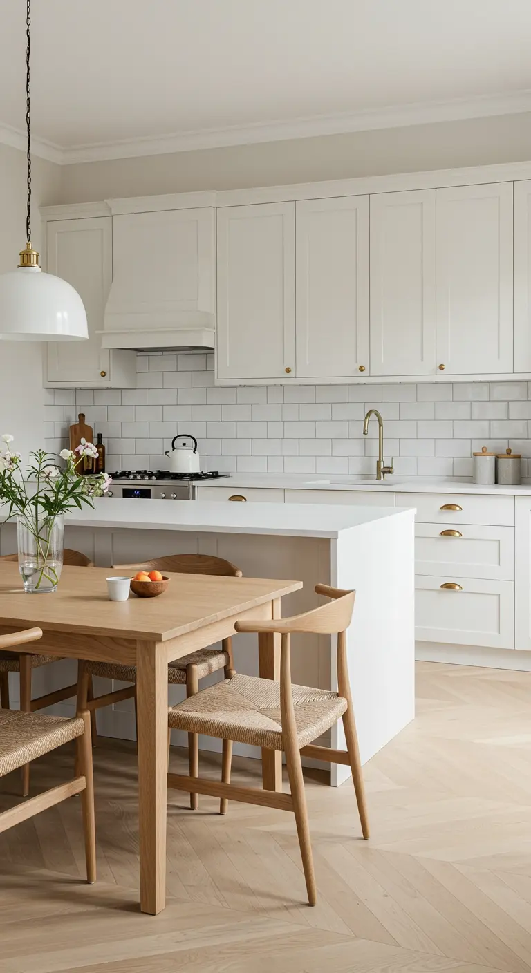Cucina bianca in stile Shaker con isola, tavolo in legno e pavimento a spina di pesce.