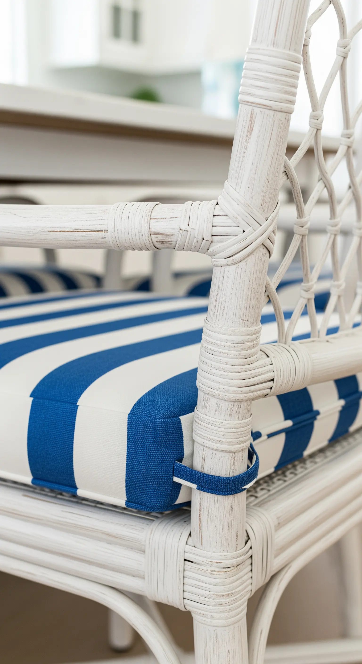 Dettaglio di una sedia in rattan bianco con cuscino a righe blu e bianche.