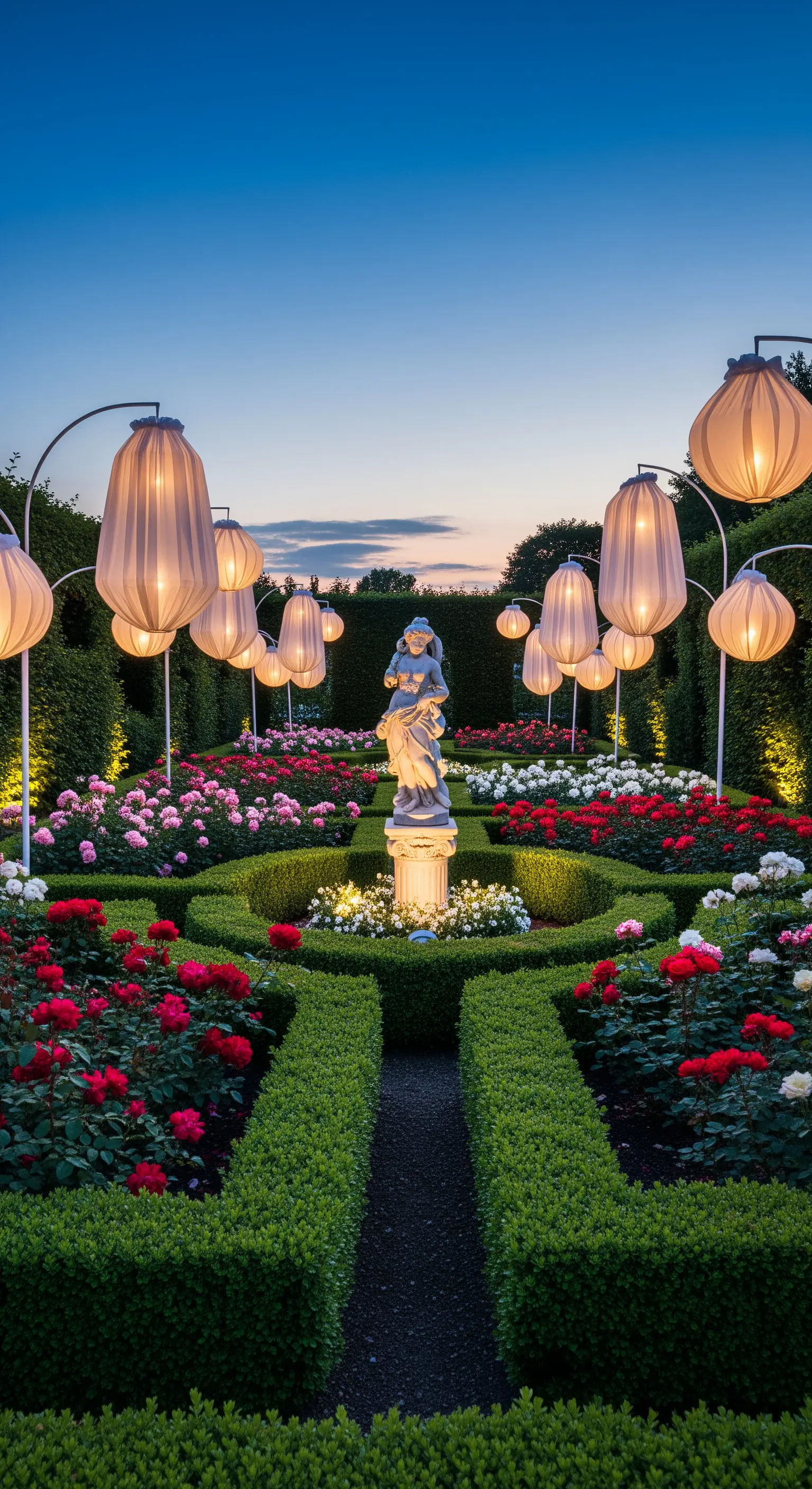 Giardino formale con aiuole di rose e una statua, illuminato da grandi lanterne di tessuto.