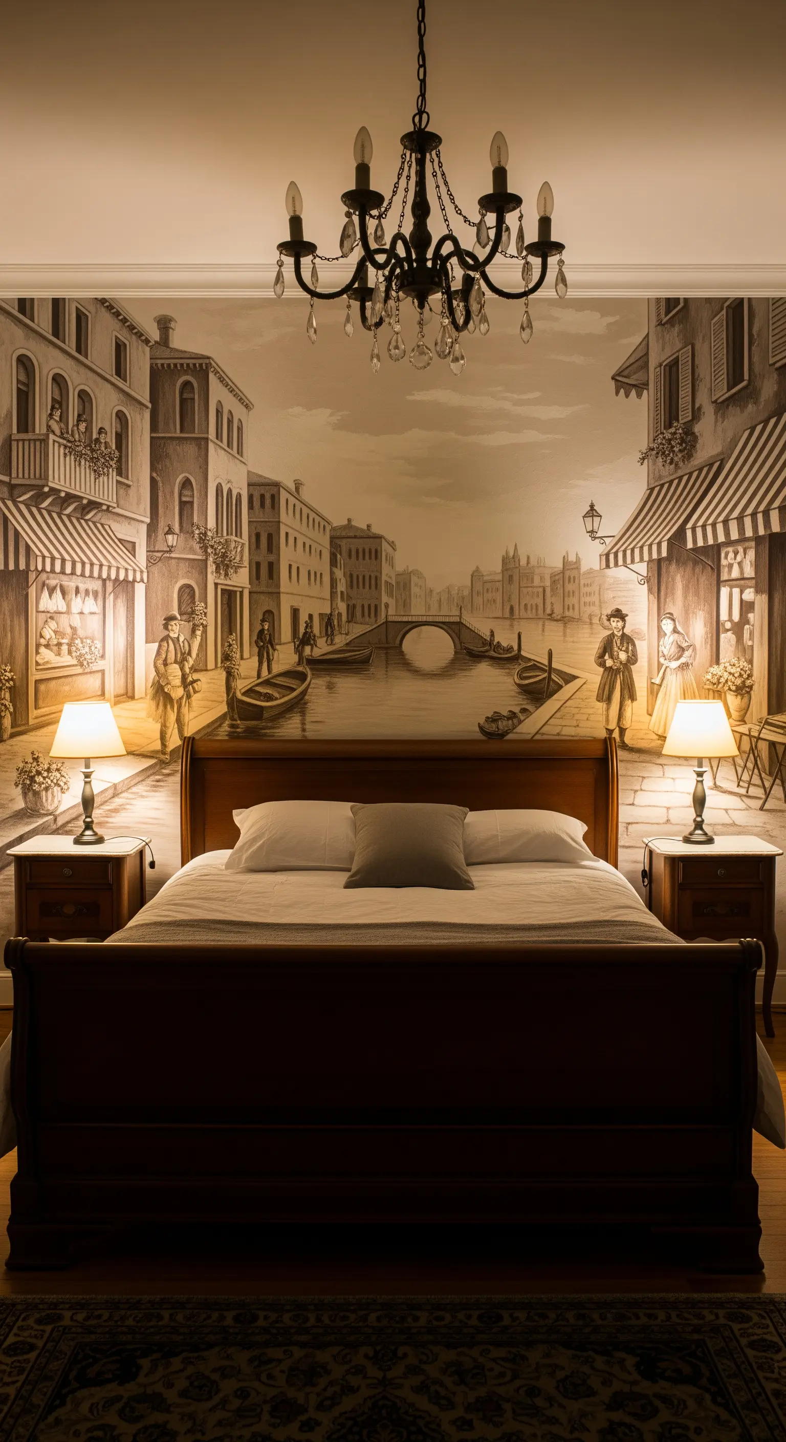 Camera da letto classica con un murale in seppia di una scena veneziana dietro al letto.
