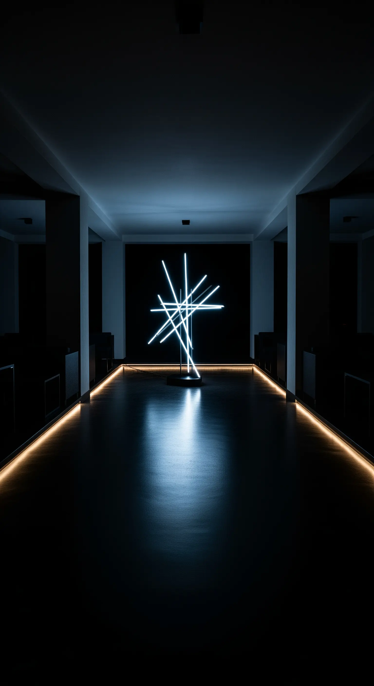 Stanza buia con pavimento nero lucido e una scultura di luce al neon al centro.