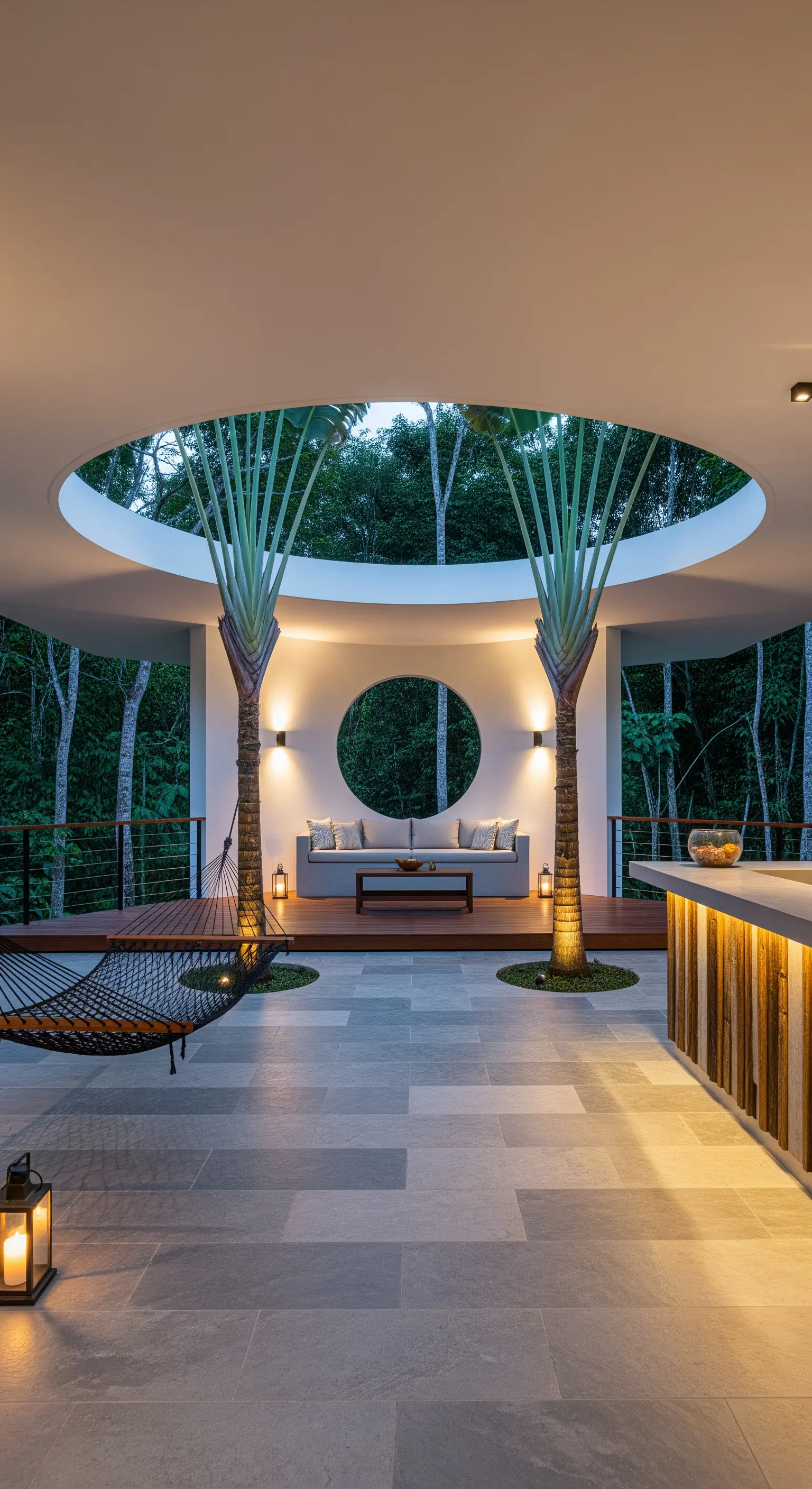 Portico moderno con apertura circolare sul soffitto da cui crescono due palme, con bar e amaca