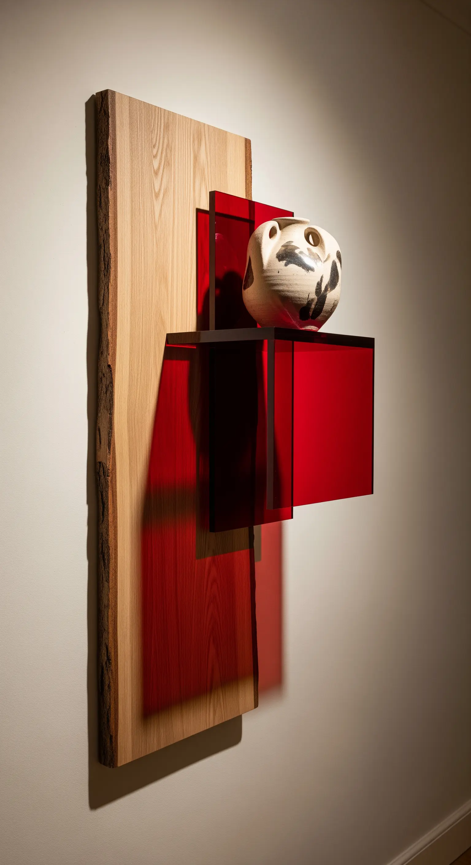 Scultura a parete con base verticale in legno e mensole in acrilico rosso traslucido.
