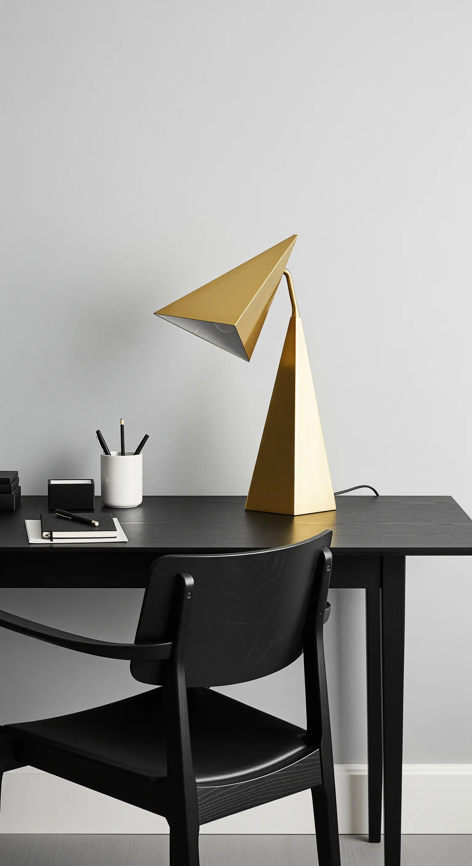 Lampada da tavolo geometrica in ottone su una scrivania nera minimale.