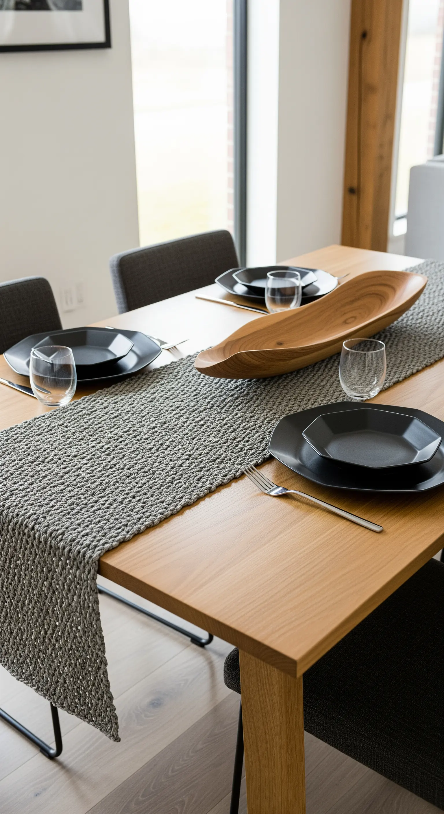 Tavola moderna con runner grigio, piatti neri e una grande ciotola scultorea in legno.