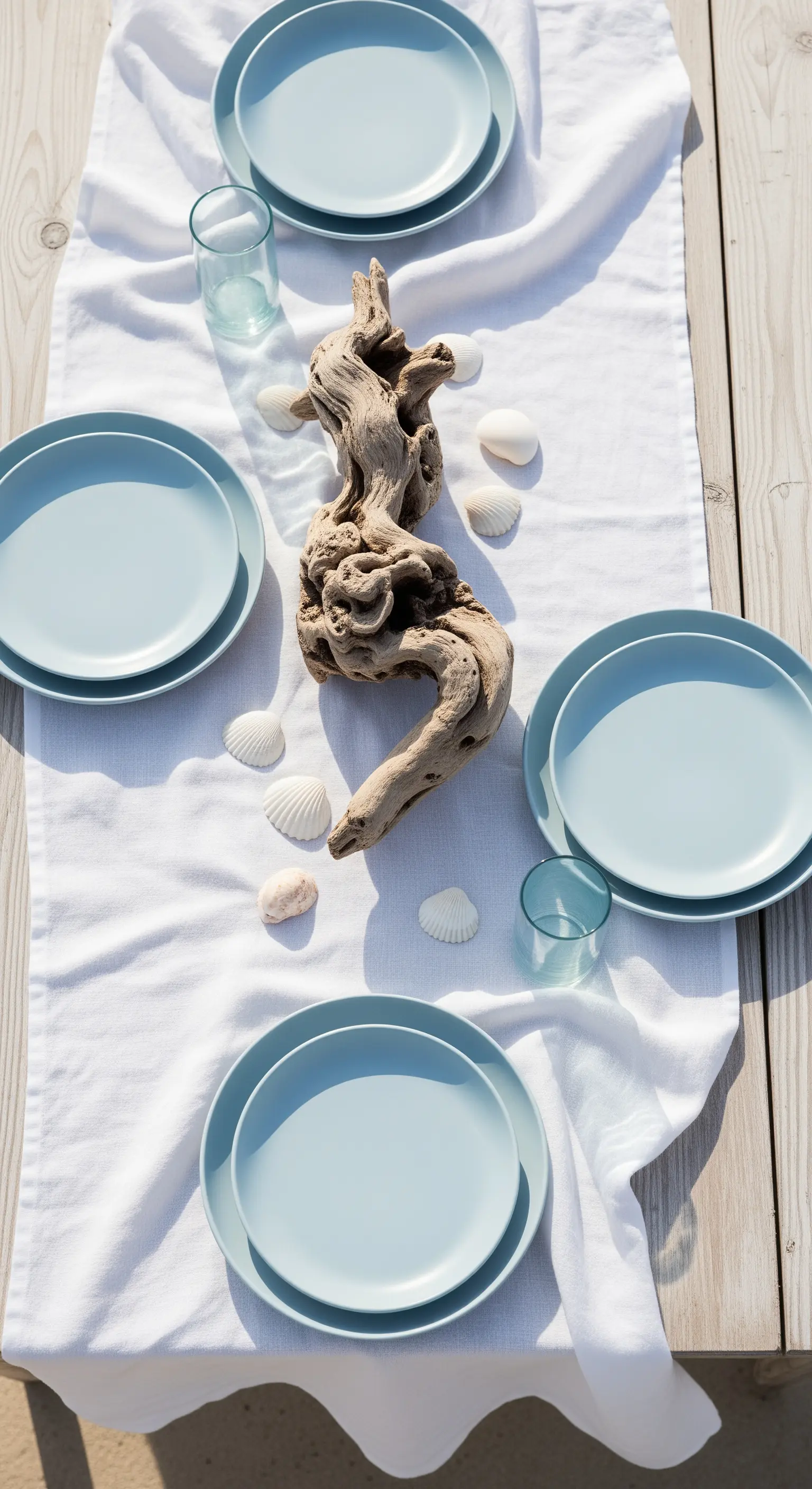 Tavola con runner bianco, piatti azzurri e un grande legno di mare come centrotavola