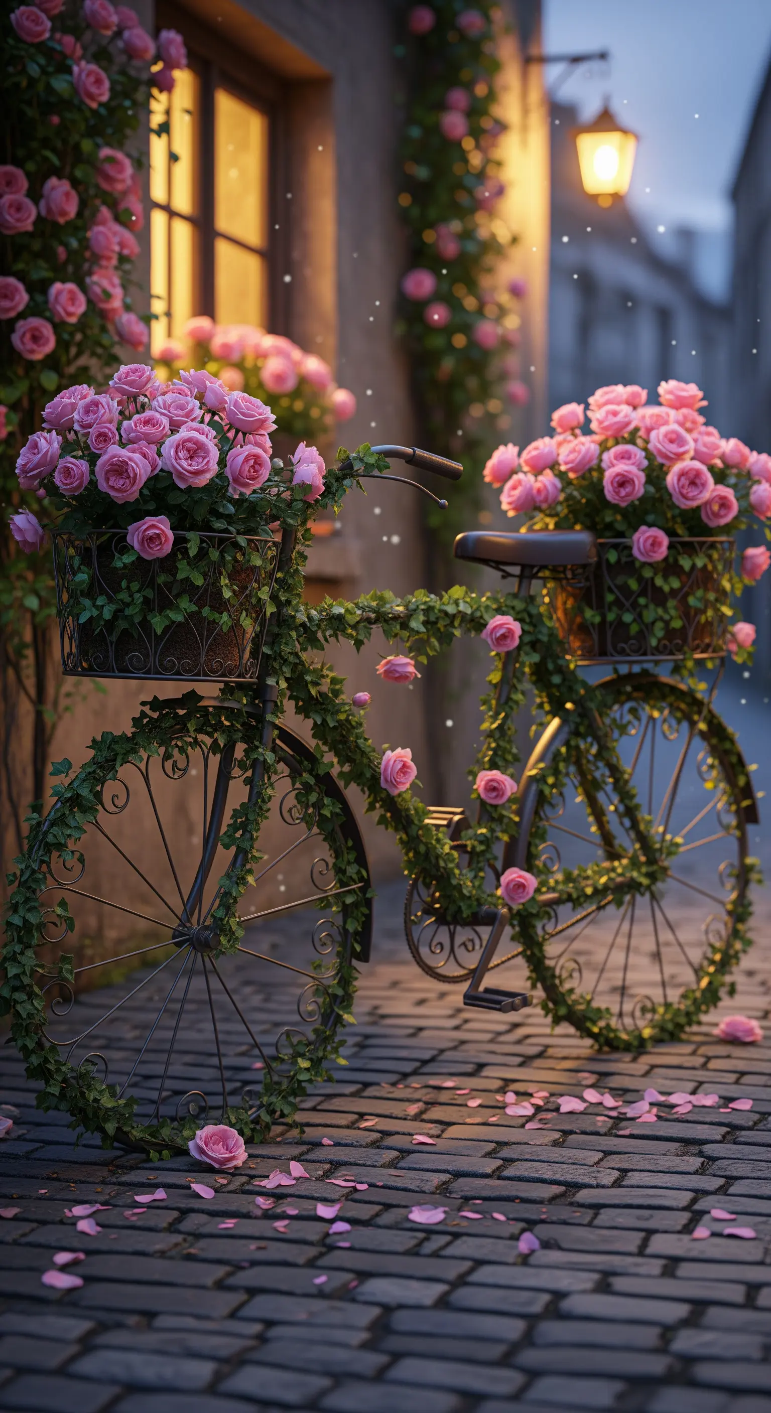Vecchia bicicletta completamente avvolta da edera e rose rosa, in un vicolo acciottolato.
