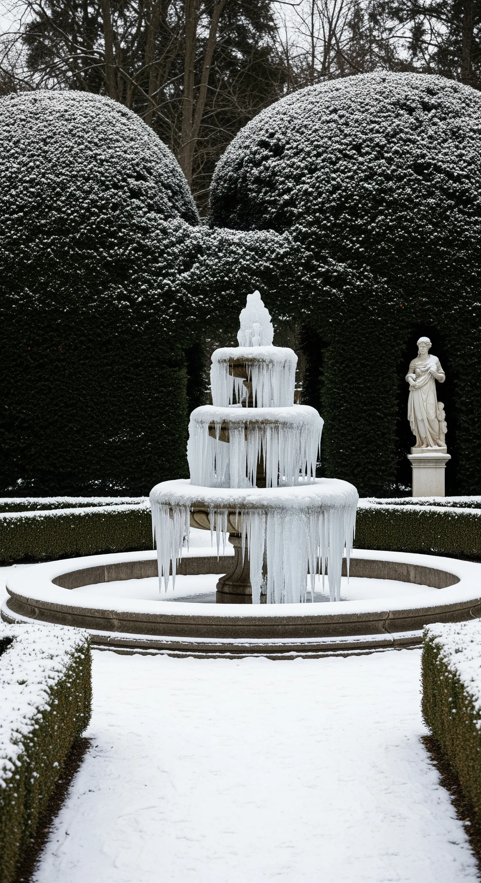Fontana a più livelli coperta di ghiaccio e neve in un giardino d'inverno.