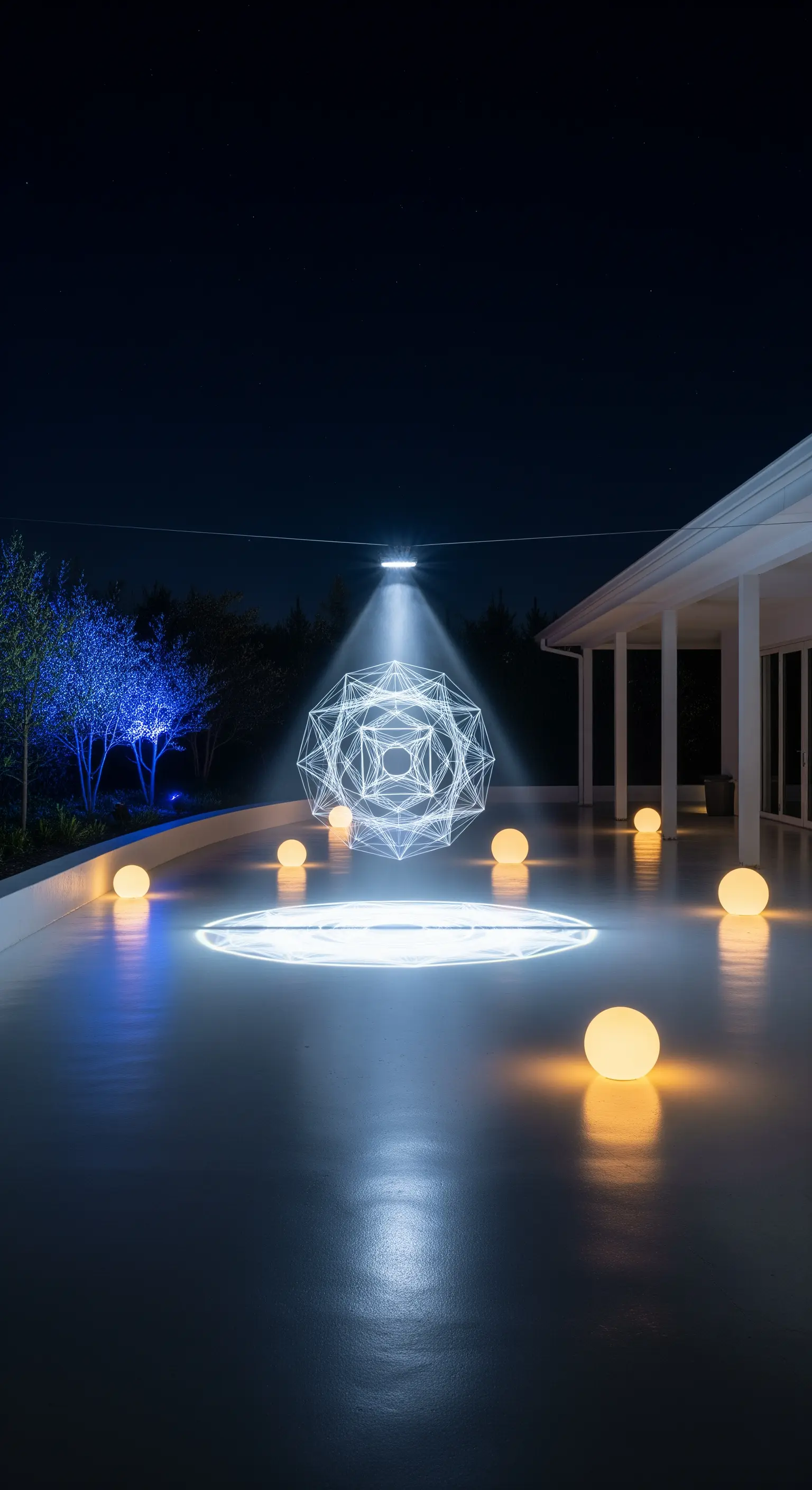 Installazione luminosa con una scultura geometrica sospesa e sfere luminose su una terrazza di notte.