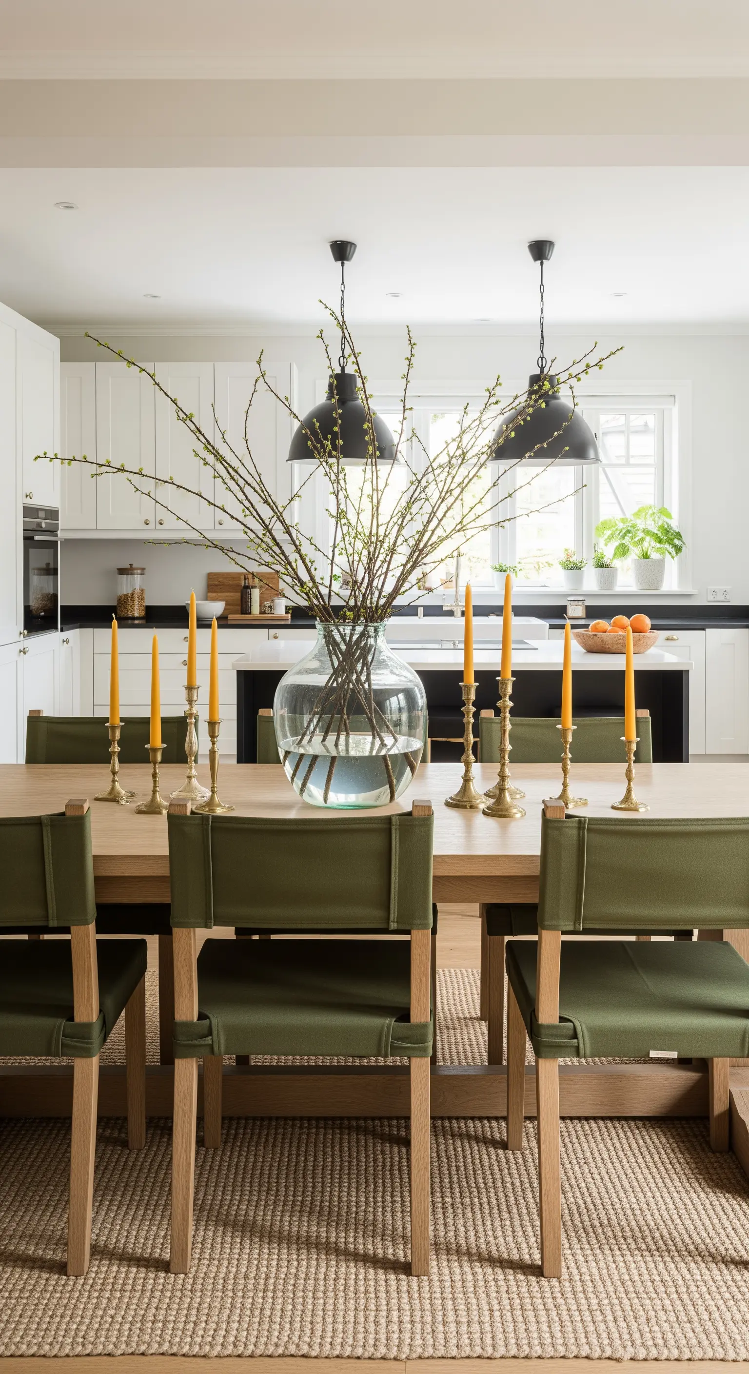 Tavolo da pranzo in legno con sedie verde oliva e candele color senape.