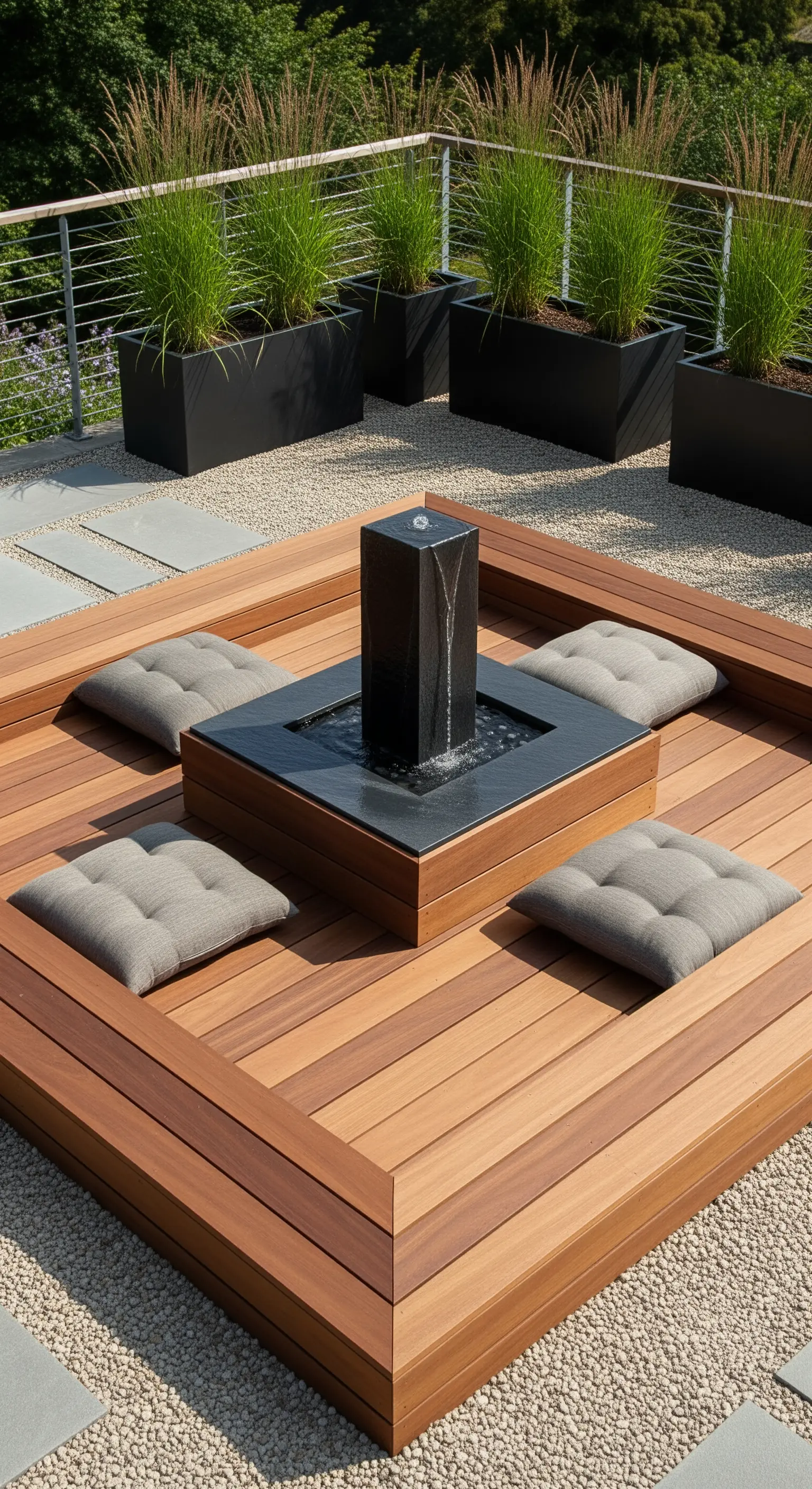 Piattaforma in legno con sedute integrate e una fontana quadrata al centro.