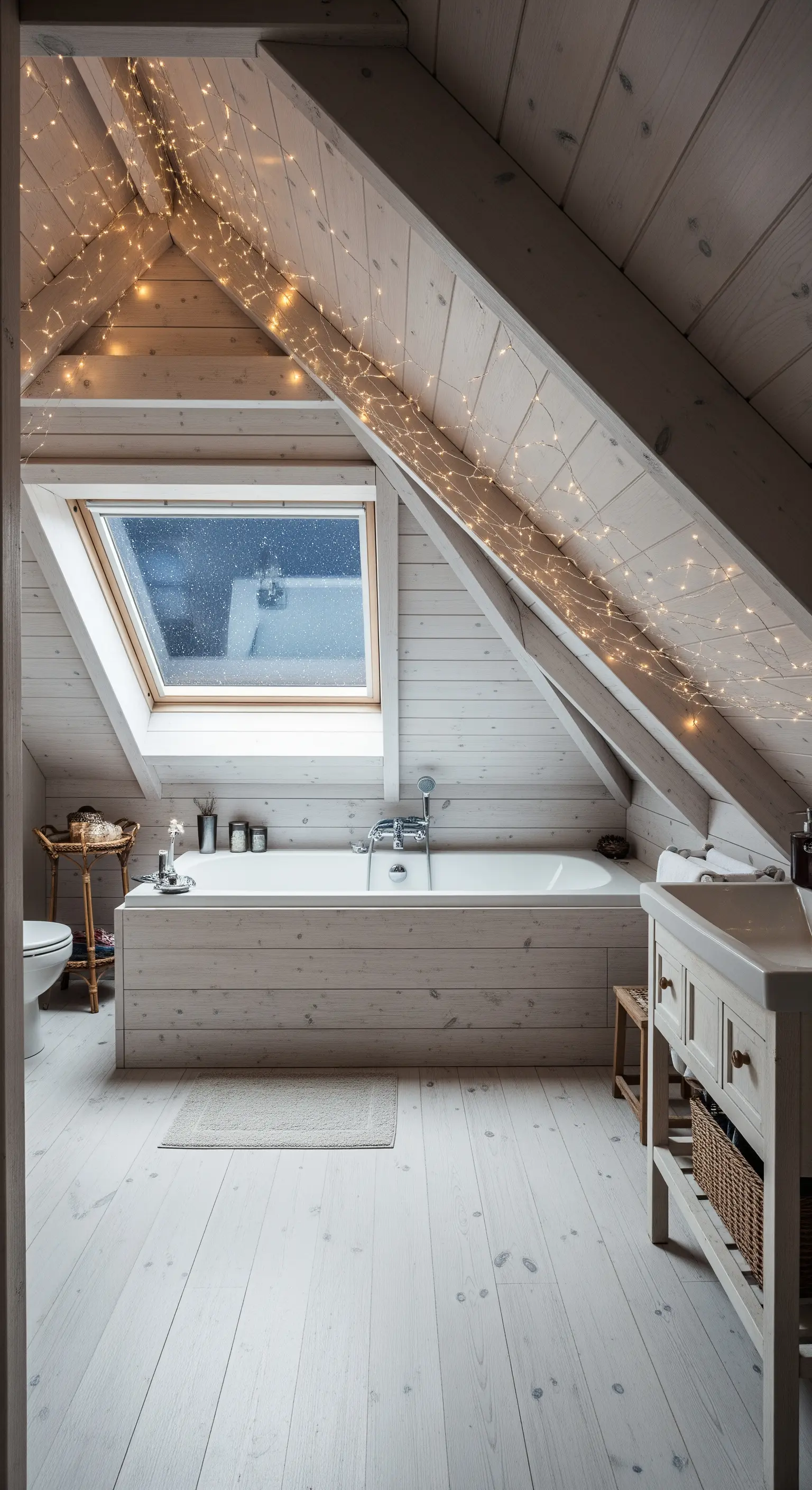 Mansarda scandinava con travi in legno sbiancato decorate con file di lucine.