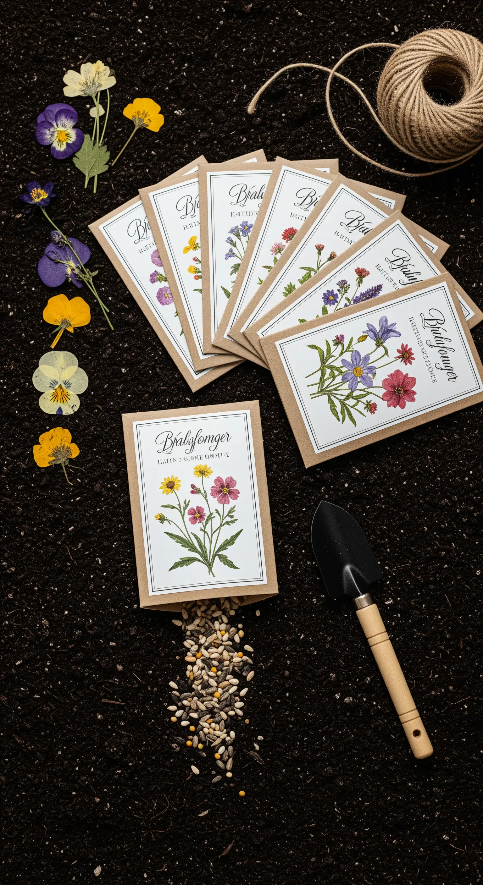 Bustine di semi di fiori di campo con illustrazioni botaniche, disposte su un letto di terra.