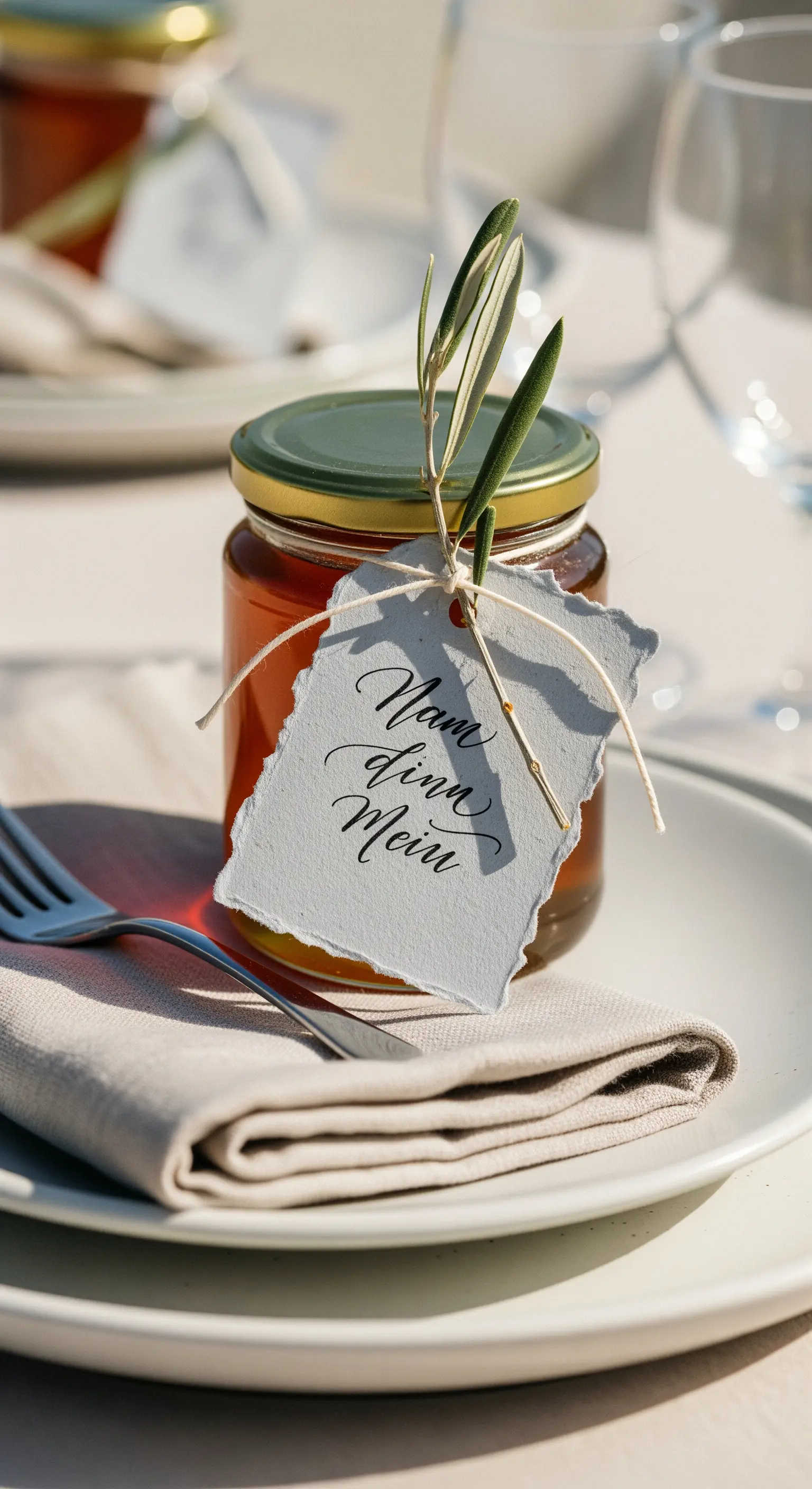 Vasetto di miele come segnaposto, con un rametto d'ulivo e un'etichetta in carta a mano.