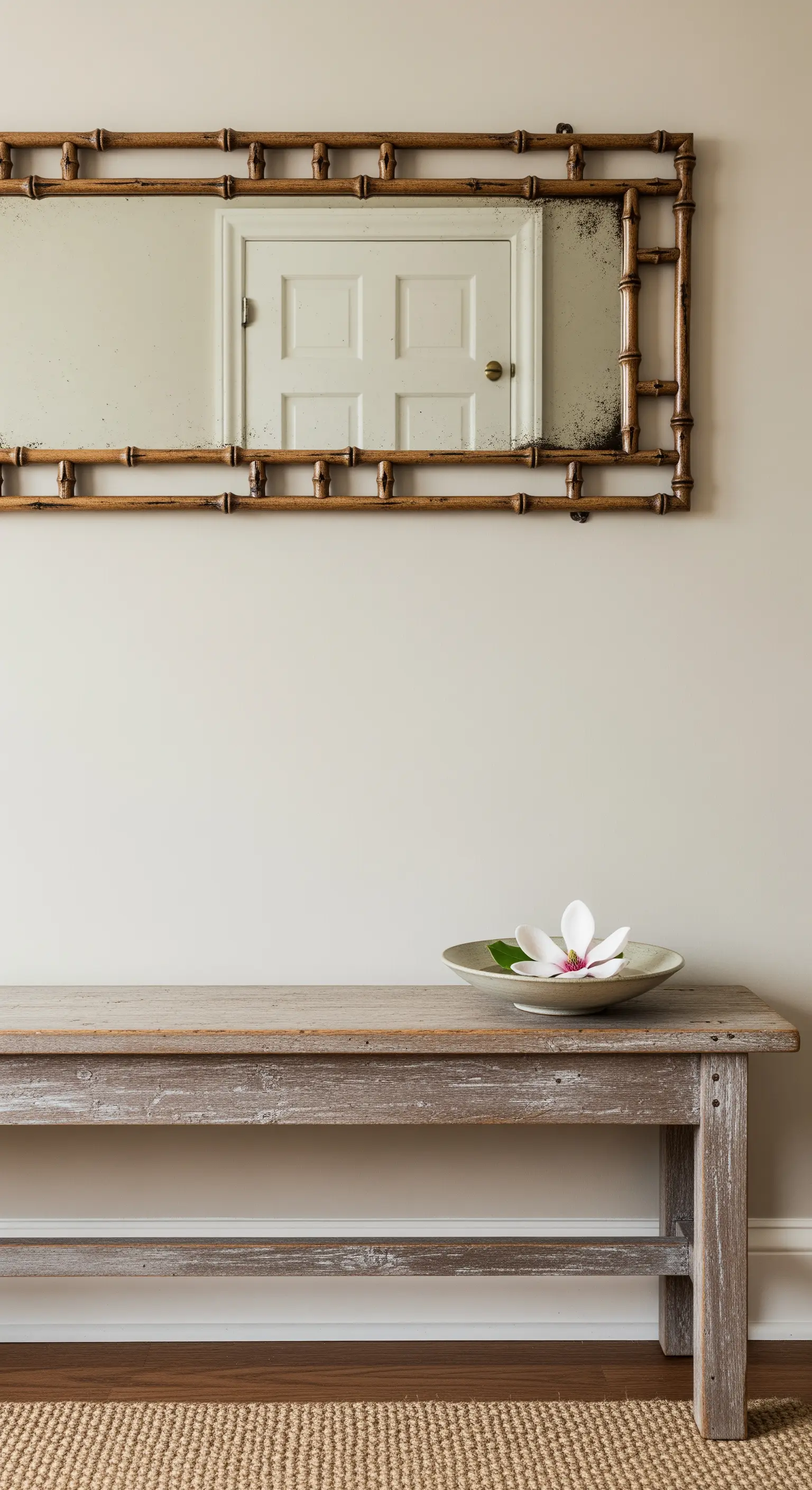 Panca semplice in legno sbiancato sotto uno specchio rettangolare con cornice in bambù.