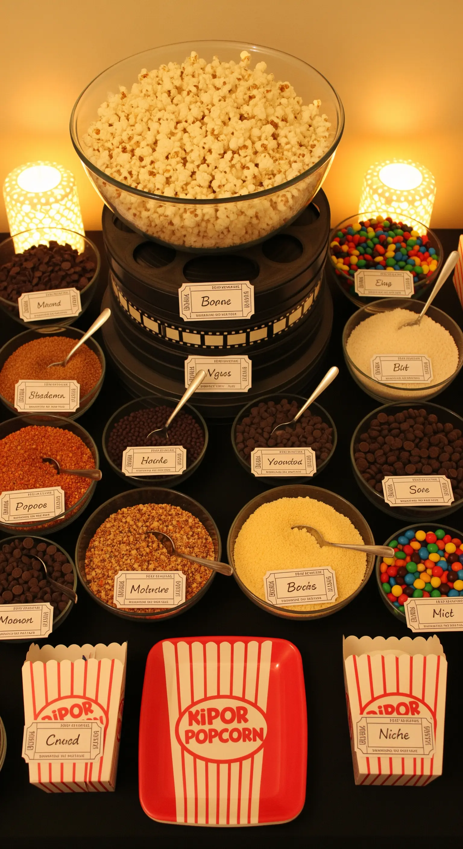 Popcorn bar a tema cinema con vari topping in ciotole ed etichette a forma di biglietto.