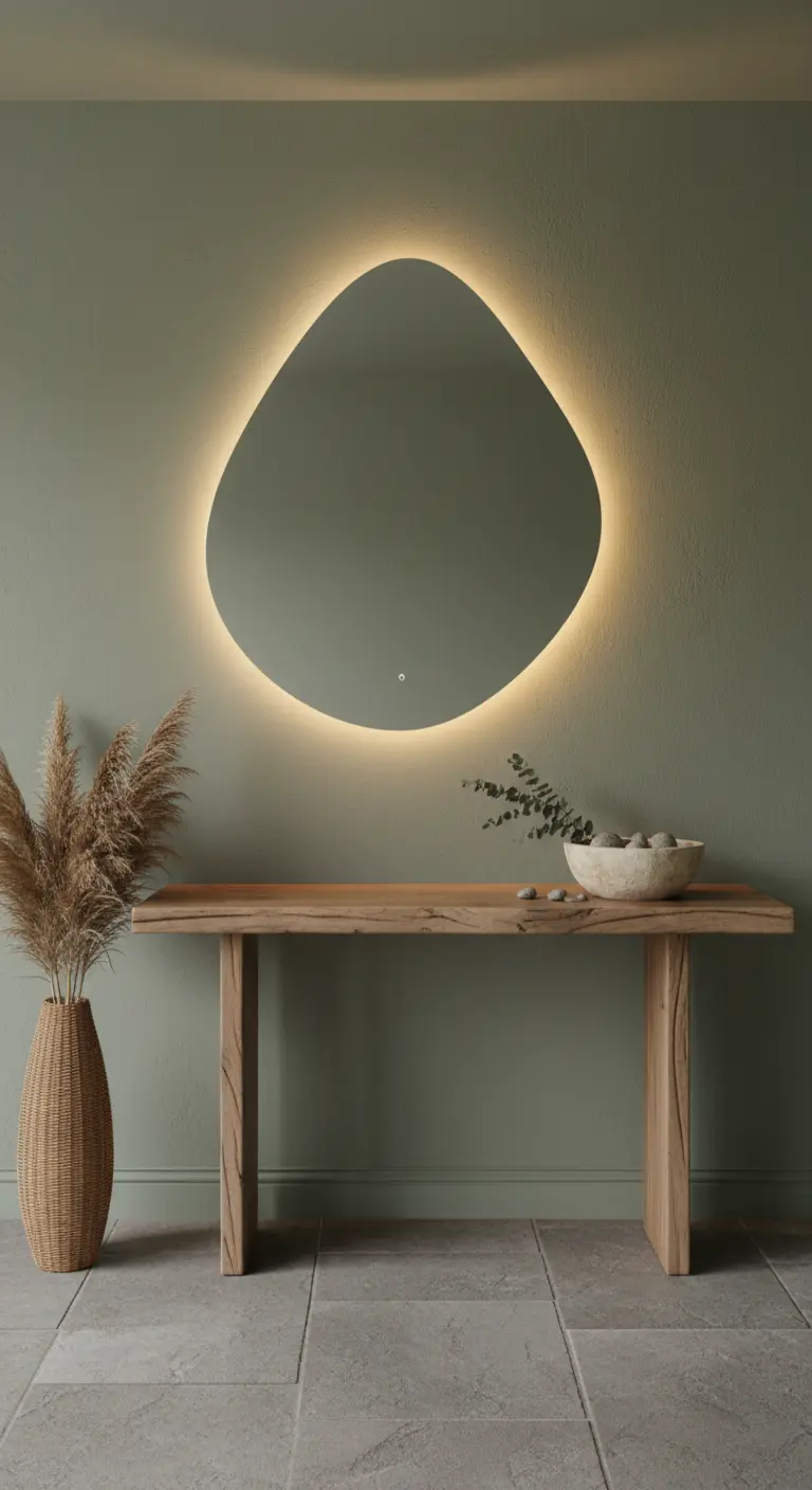 Specchio retroilluminato di forma irregolare su una parete verde salvia con consolle in legno.