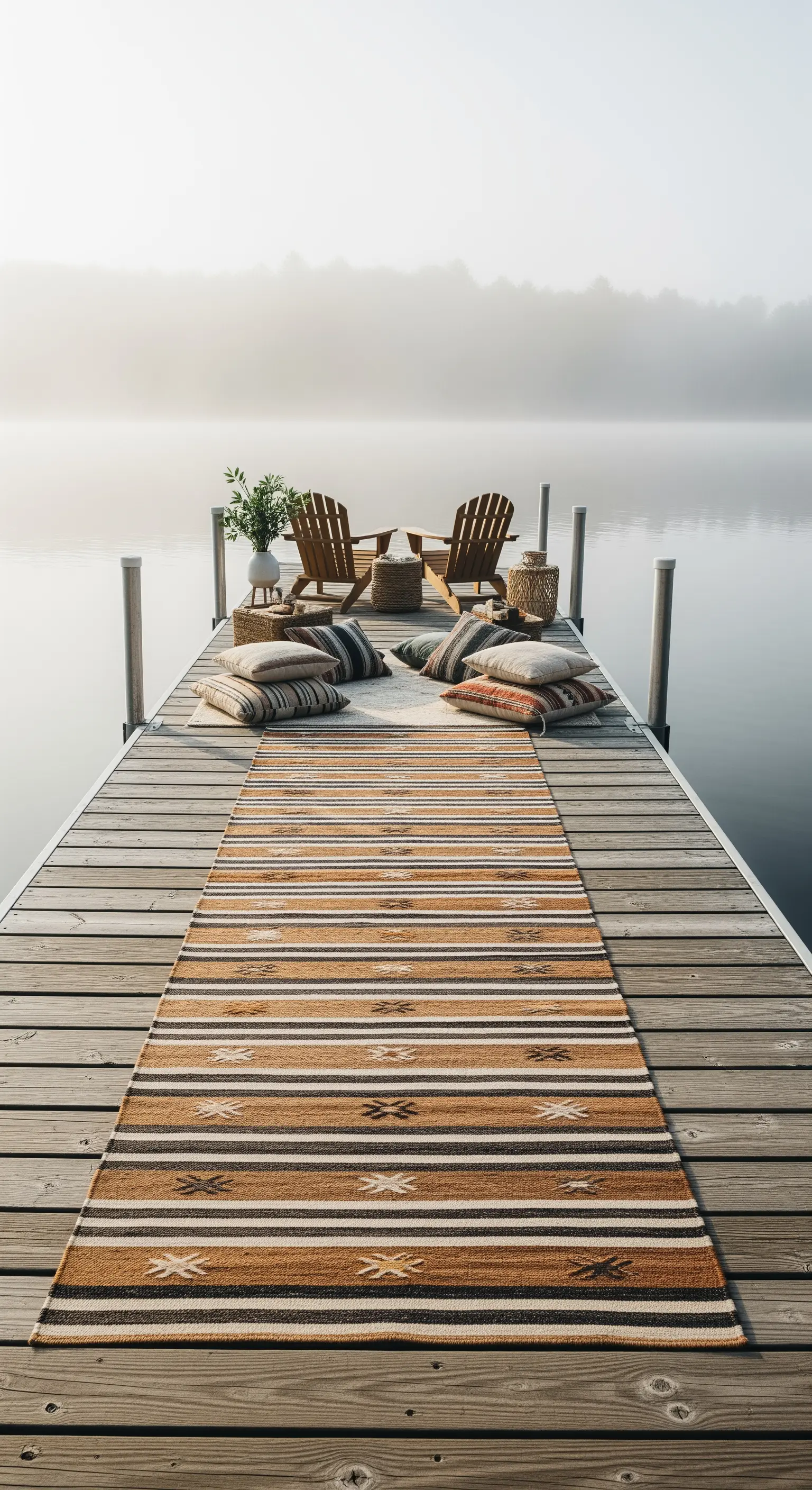 Pontile sul lago con un lungo runner a strisce, sedie in legno e cuscini a terra.