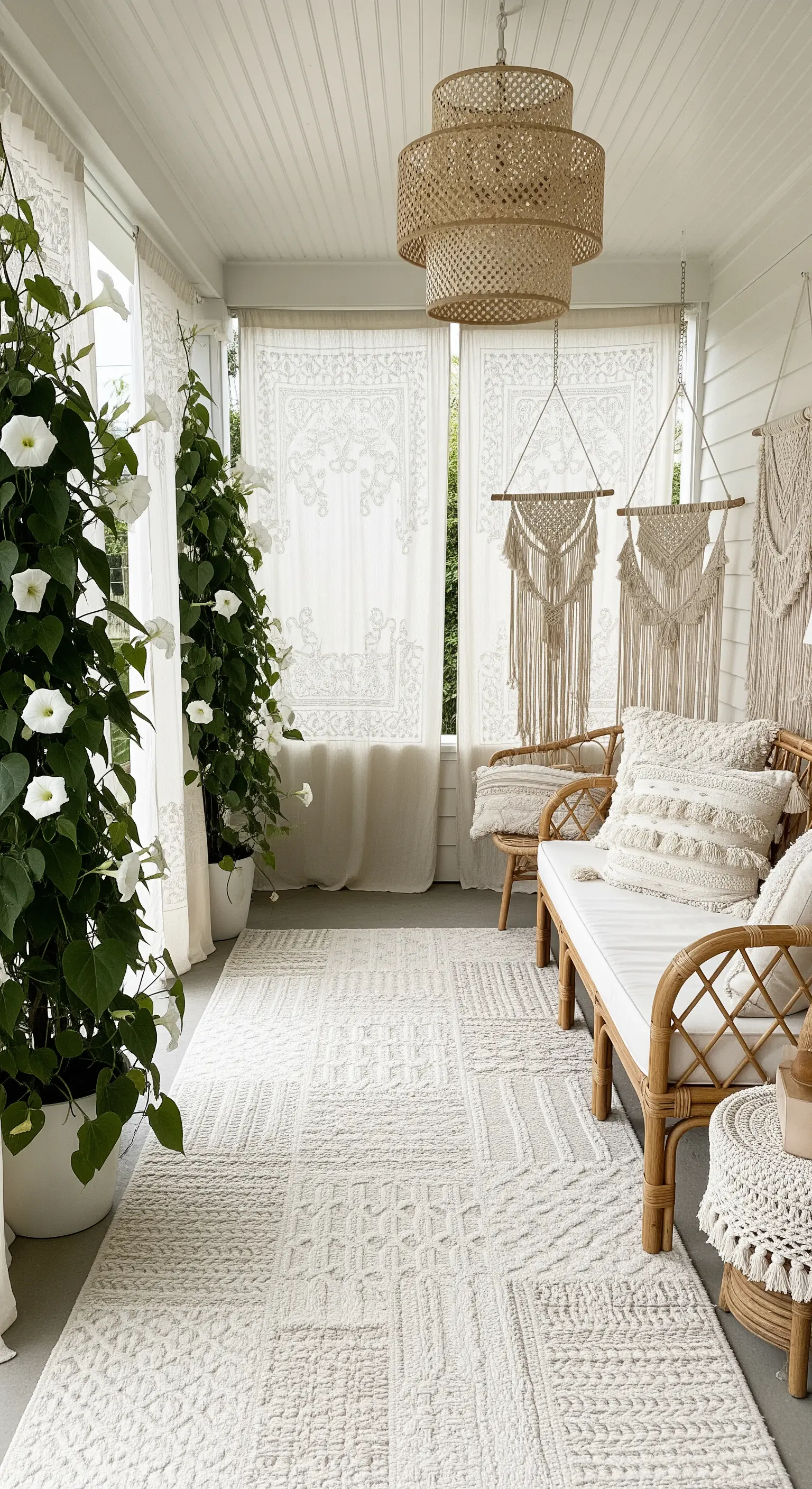 Portico total white con arredi in rattan, tappeto texturizzato e decorazioni in macramè.