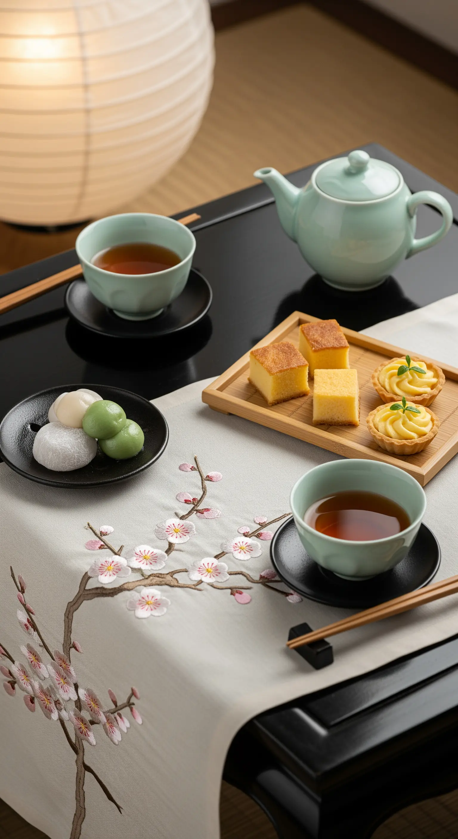 Tavola da tè in stile giapponese con runner ricamato, teiera verde giada e dolci mochi