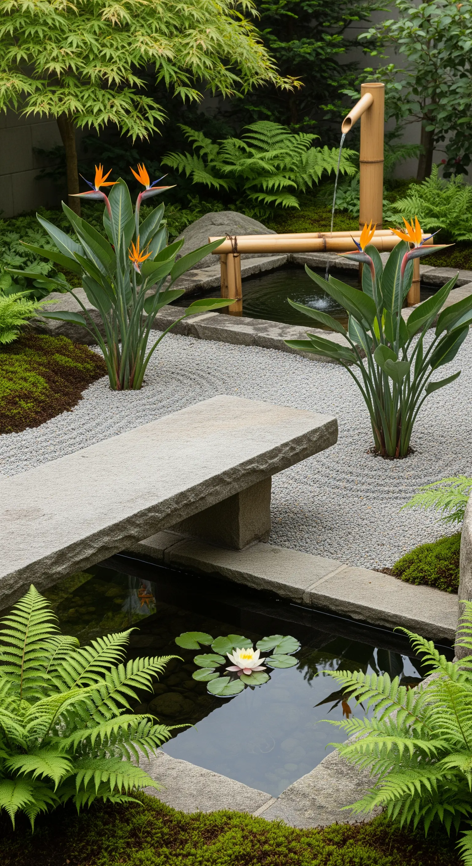 Giardino zen con ghiaia, una panca in pietra, un ruscello e piante di sterlizia.
