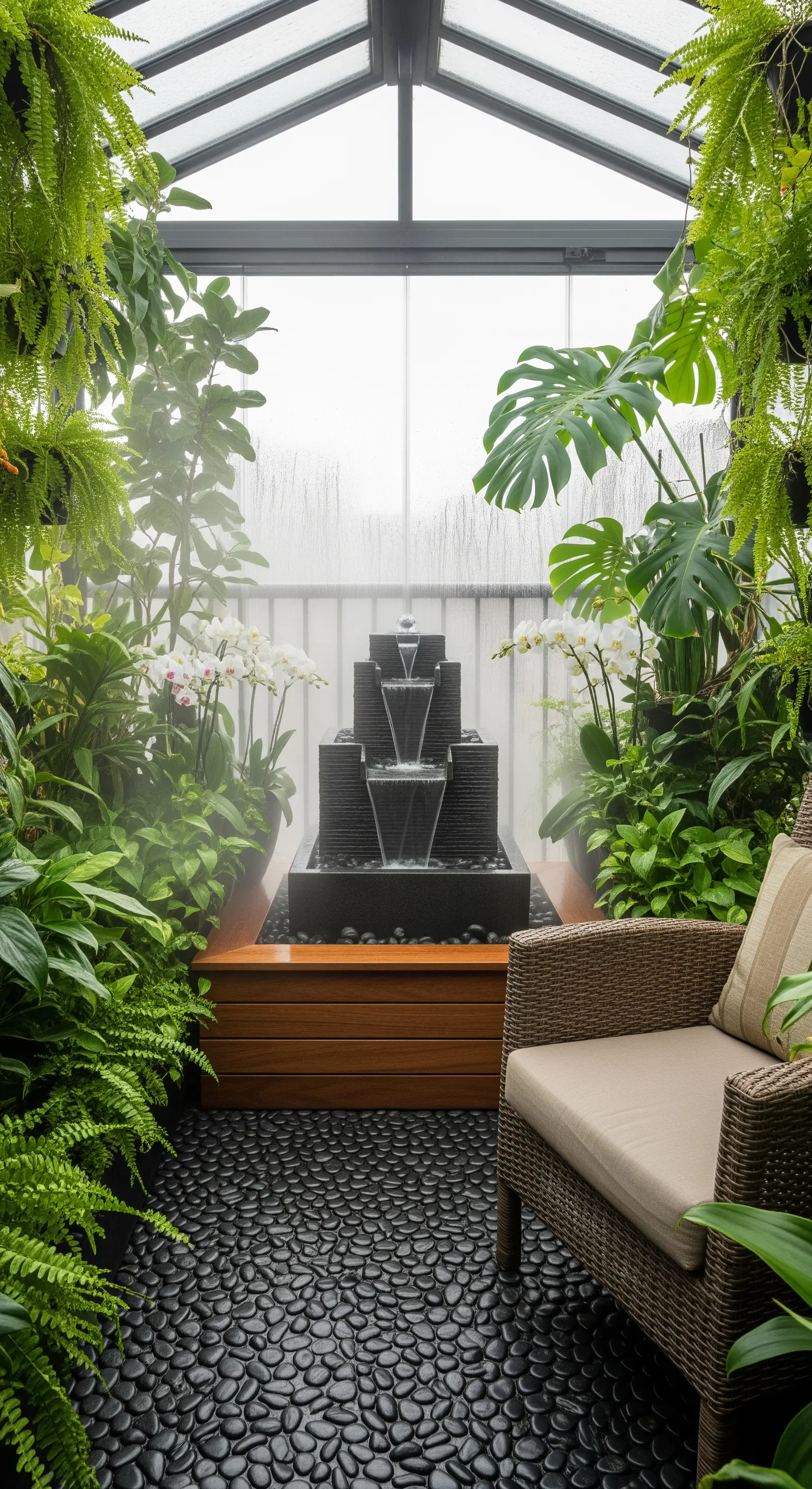 Veranda lussureggiante con felci, orchidee e una grande fontana a cascata al centro.