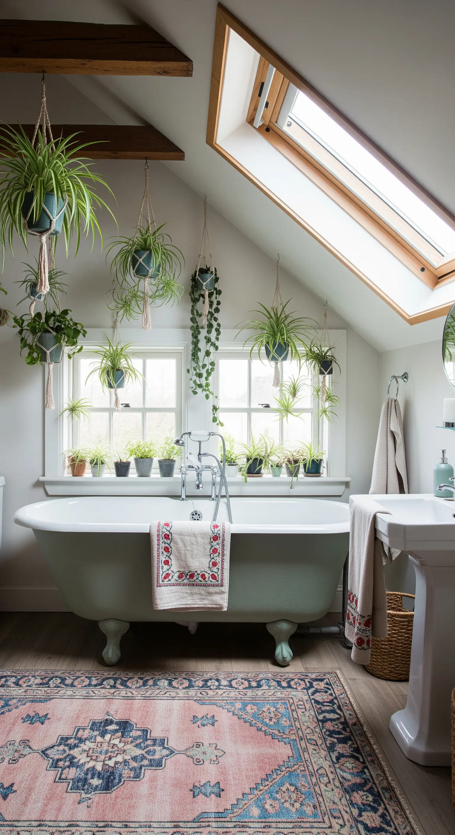 Bagno in mansarda con vasca vintage, piante appese e un tappeto rosa e blu.