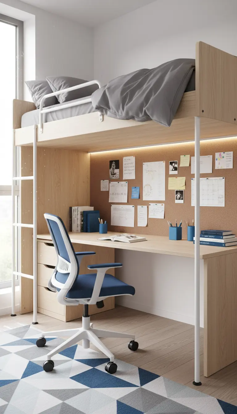 Letto a soppalco in legno chiaro con scrivania e sedia blu integrate in una camera luminosa.