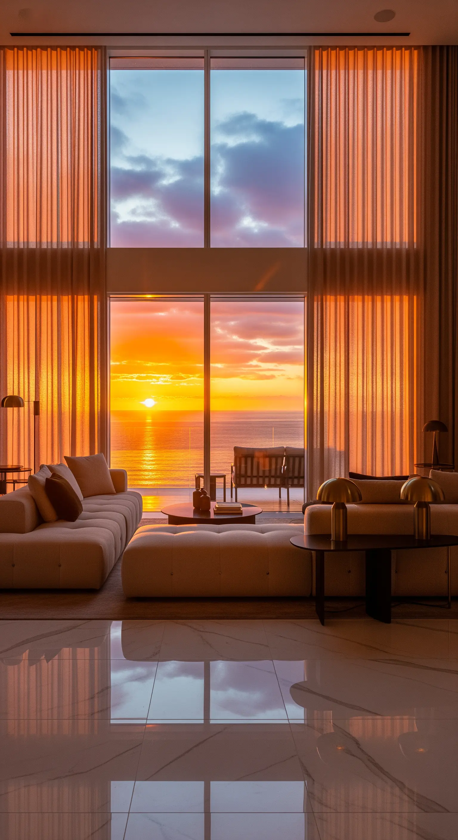Salotto moderno con vista sull'oceano al tramonto e tende color corallo.