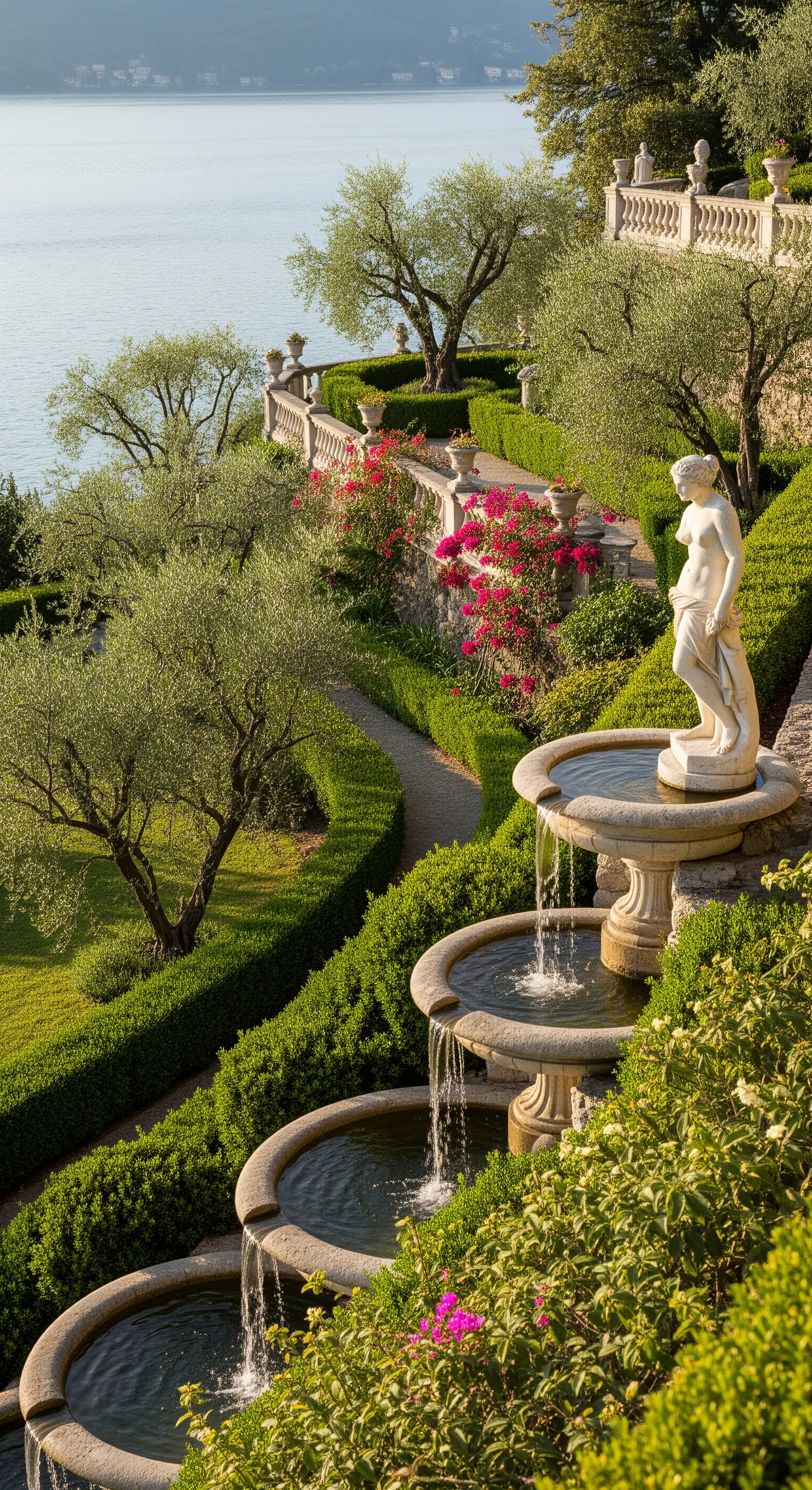 Giardino terrazzato sul lago con fontana a cascata, statue e bouganville.