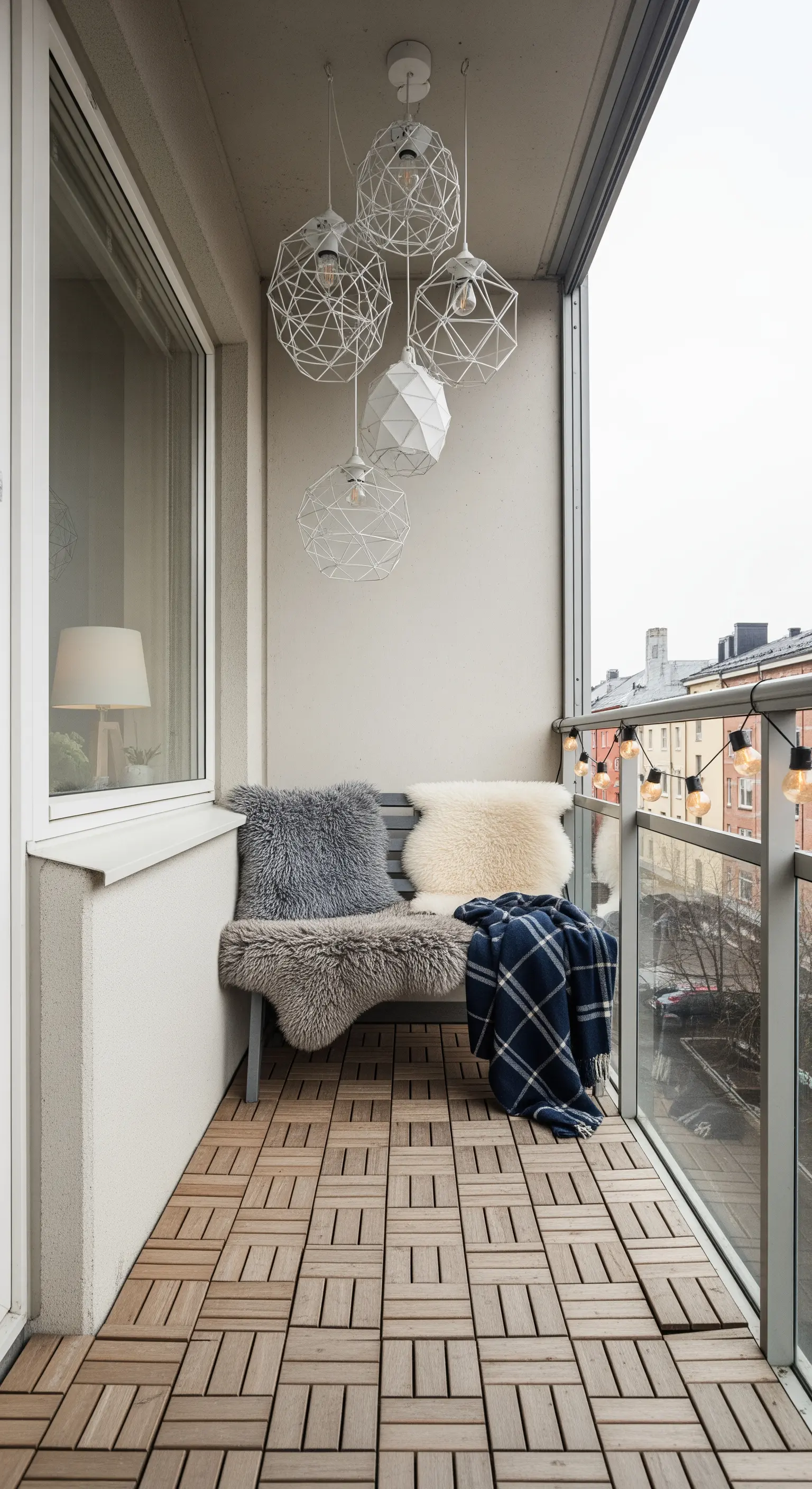 Balcone stretto con panchina, cuscini in pelliccia, plaid e lampade geometriche bianche.