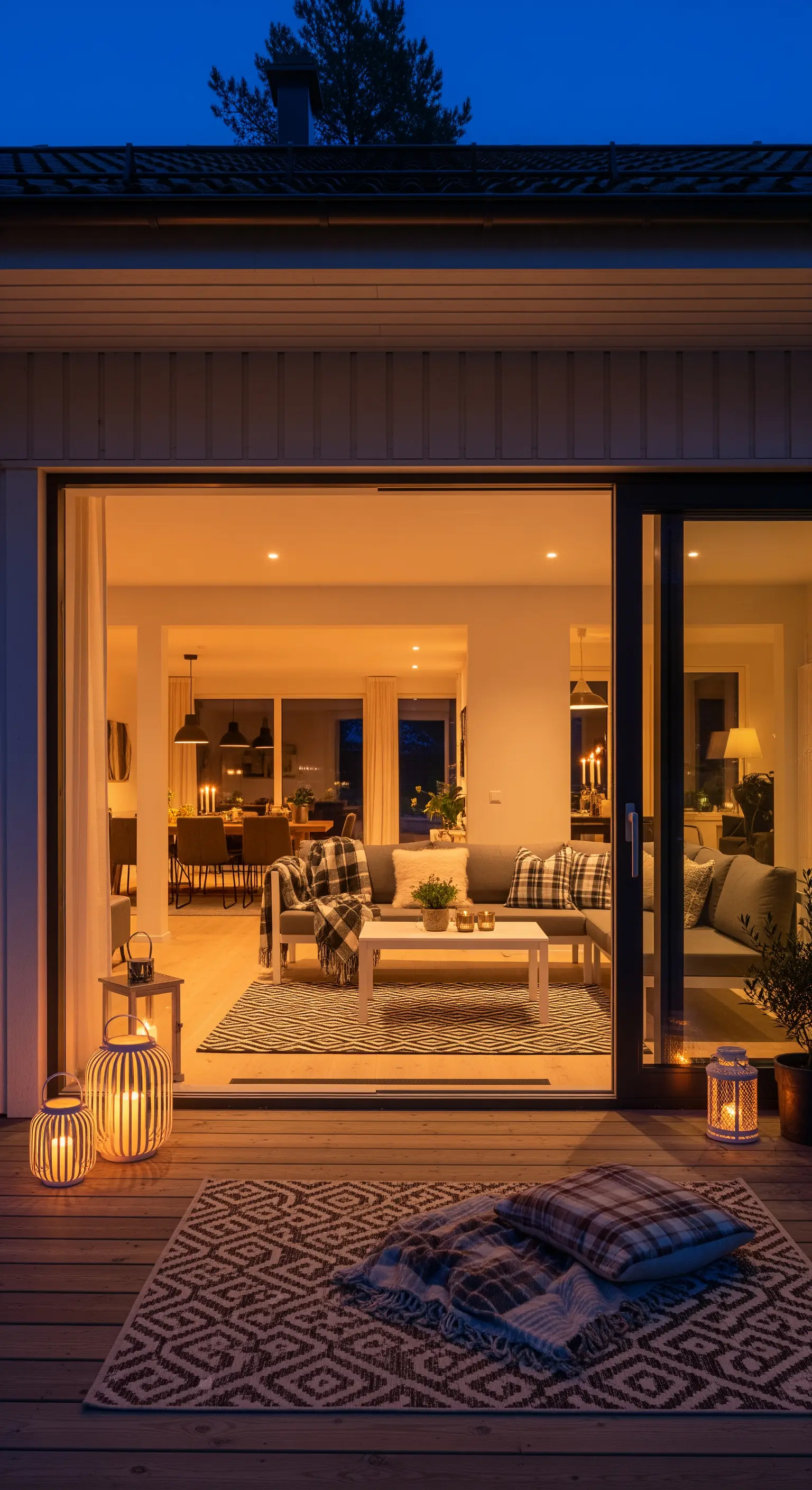 Veranda in legno con tappeto, cuscini e lanterne che si affaccia su un soggiorno illuminato.