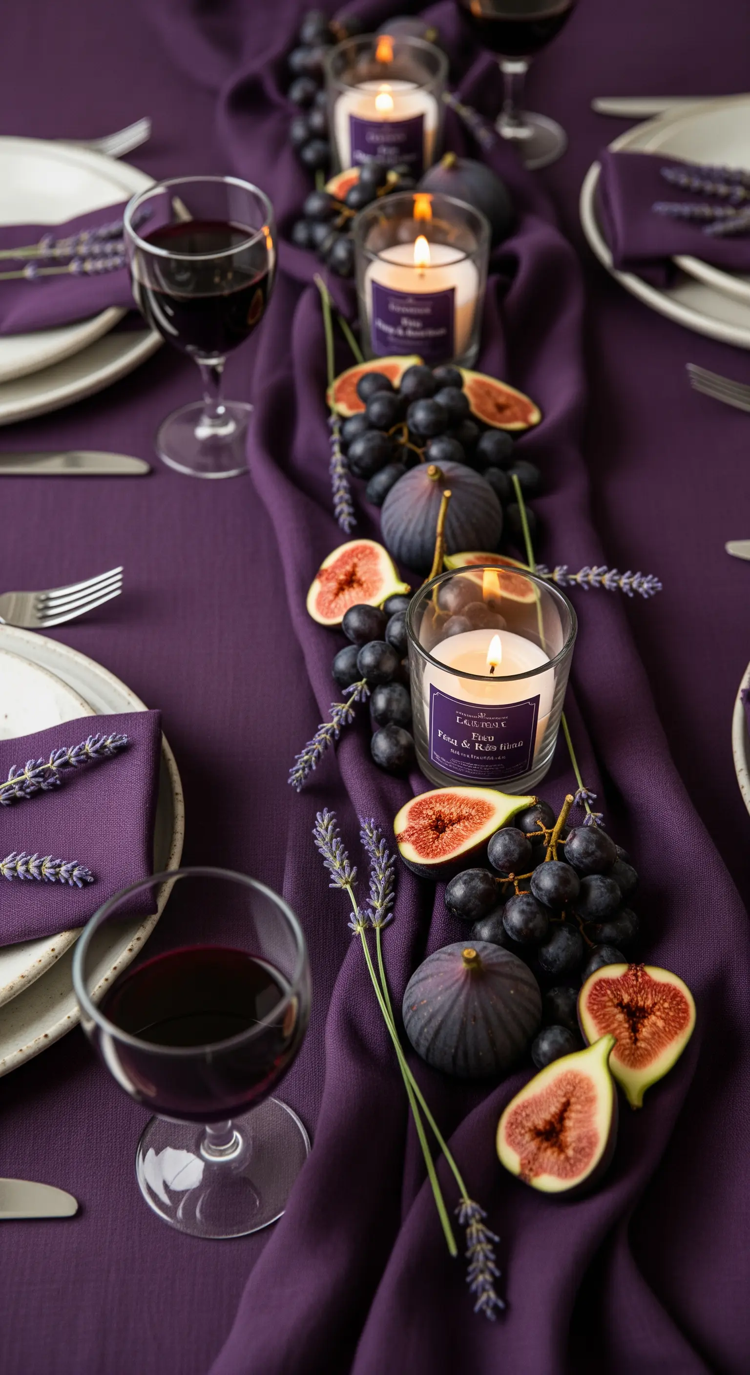 Tavola viola con un runner di fichi, uva, lavanda e candele profumate.