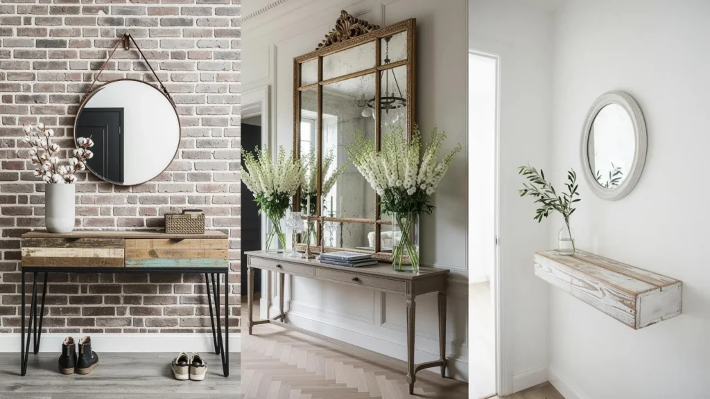 Ingressi shabby chic con mobili decapati, specchi vintage e fiori freschi, creando un'atmosfera accogliente e di charme.