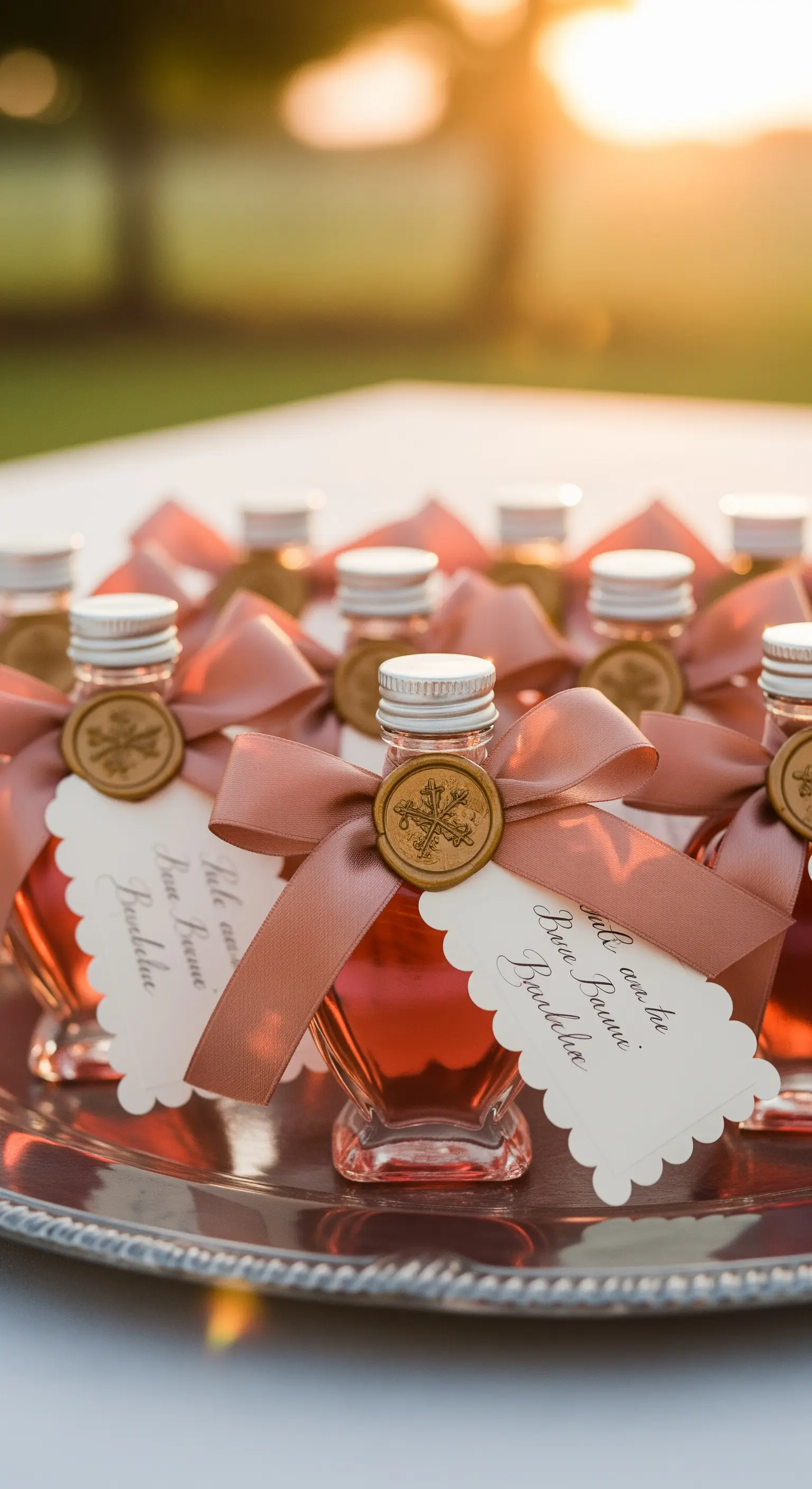 Mini bottiglie di liquore rosato chiuse con un nastro color cipria e un sigillo in ceralacca.
