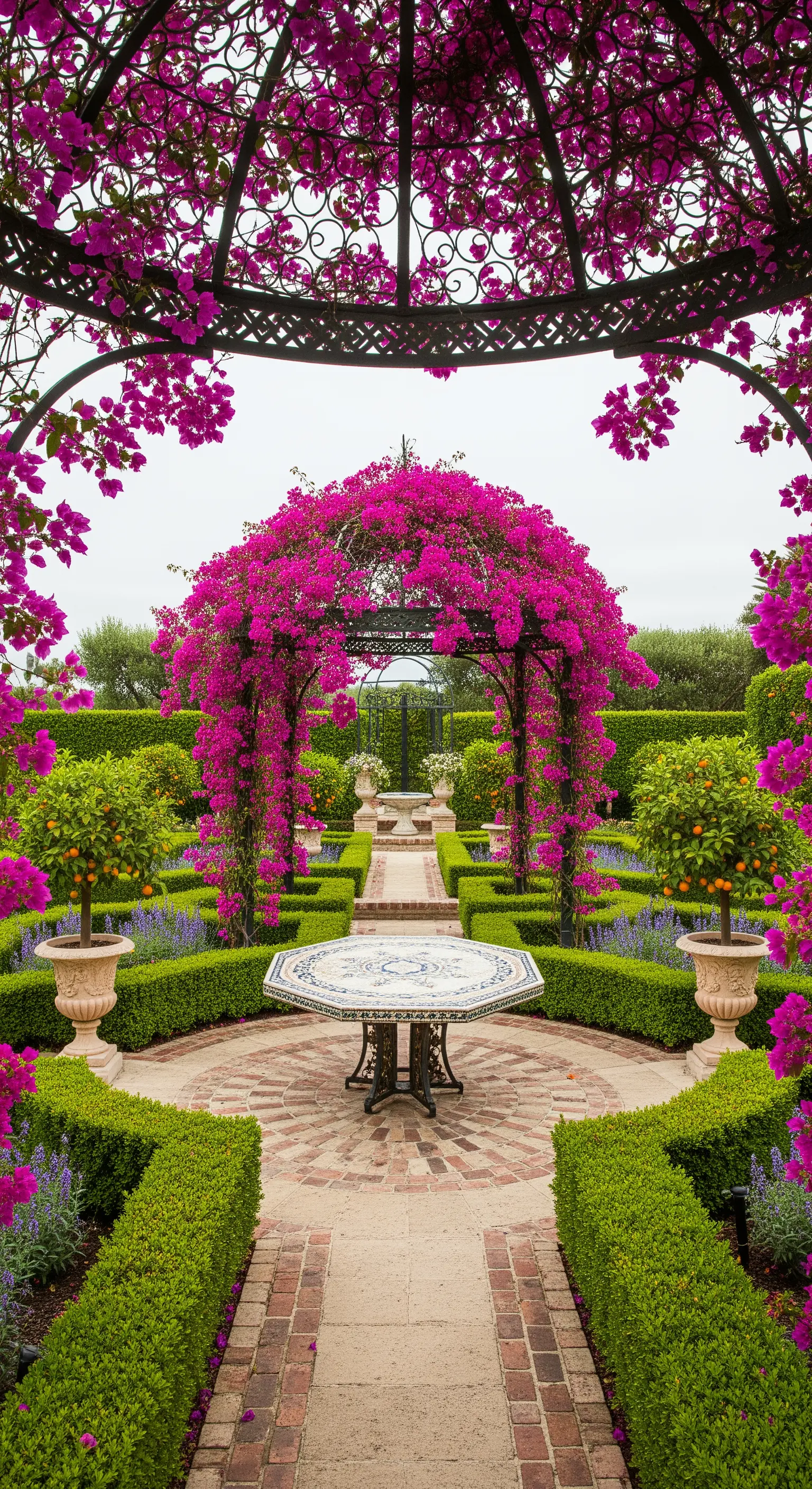 Giardino formale con gazebo in ferro battuto ricoperto di bouganville e siepi geometriche.