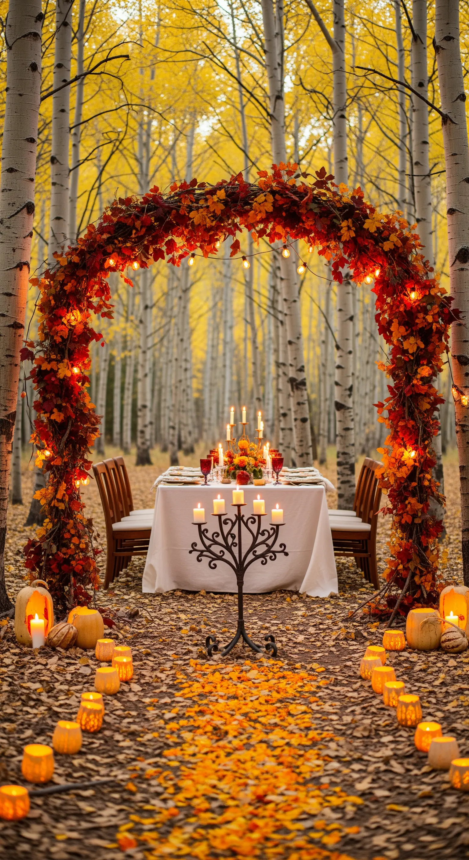 Tavolo da cena in un bosco autunnale sotto un arco di foglie colorate e candele.